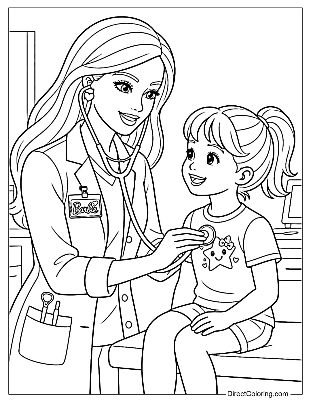 A coloring page of Barbie as a doctor examining a little patient.