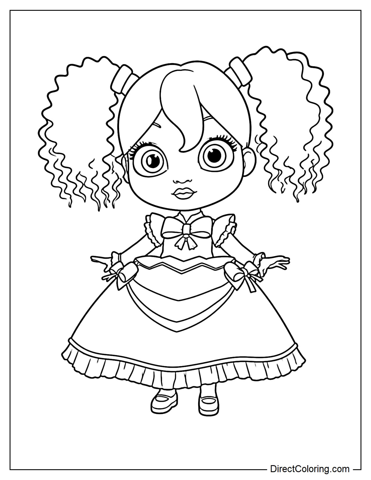 The Poppy character in Poppy Playtime wears a stylish flared dress with a cute bow, big round eyes, long eyelashes, and her signature curly hair tied in pigtails.
