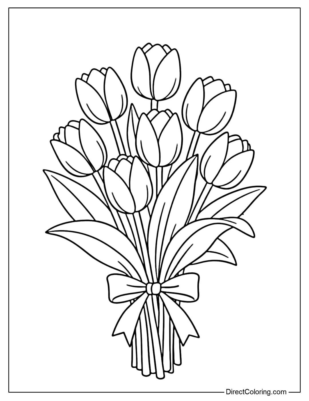 A coloring page of a tulip bouquet with large leaves and a simple tie.