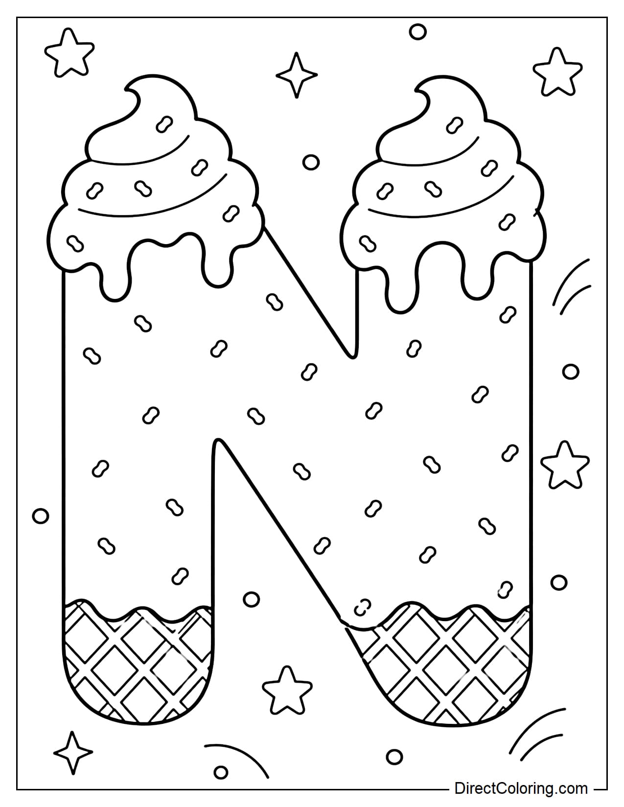 A large, bubble-shaped uppercase letter N made from soft-serve ice cream, with a lightly melted cream topping, sprinkles scattered throughout, and a waffle-like texture at the base. It's surrounded by small stars and dots.