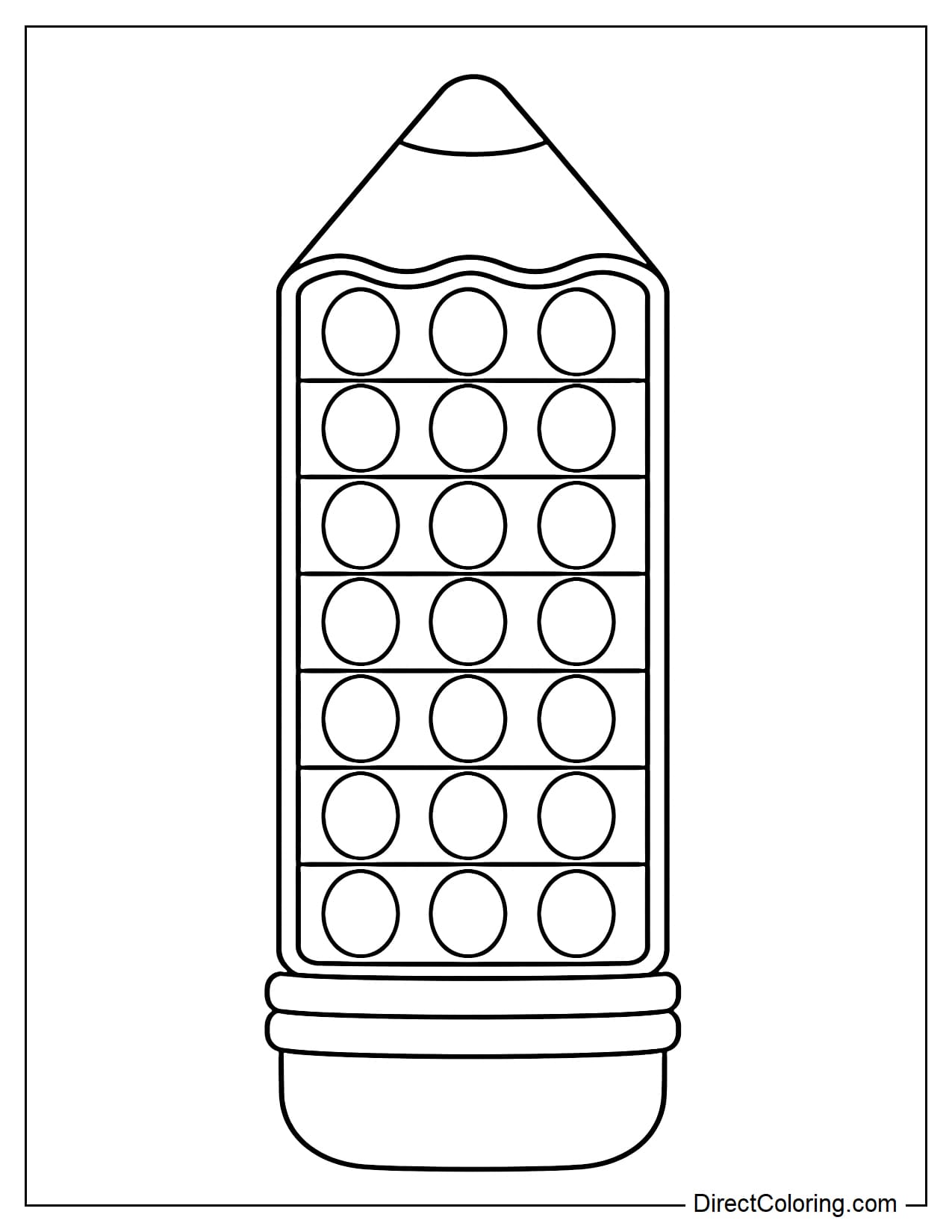 A long pencil-shaped pop-it with a clearly defined, large body and round bubbles arranged vertically along the pencil.