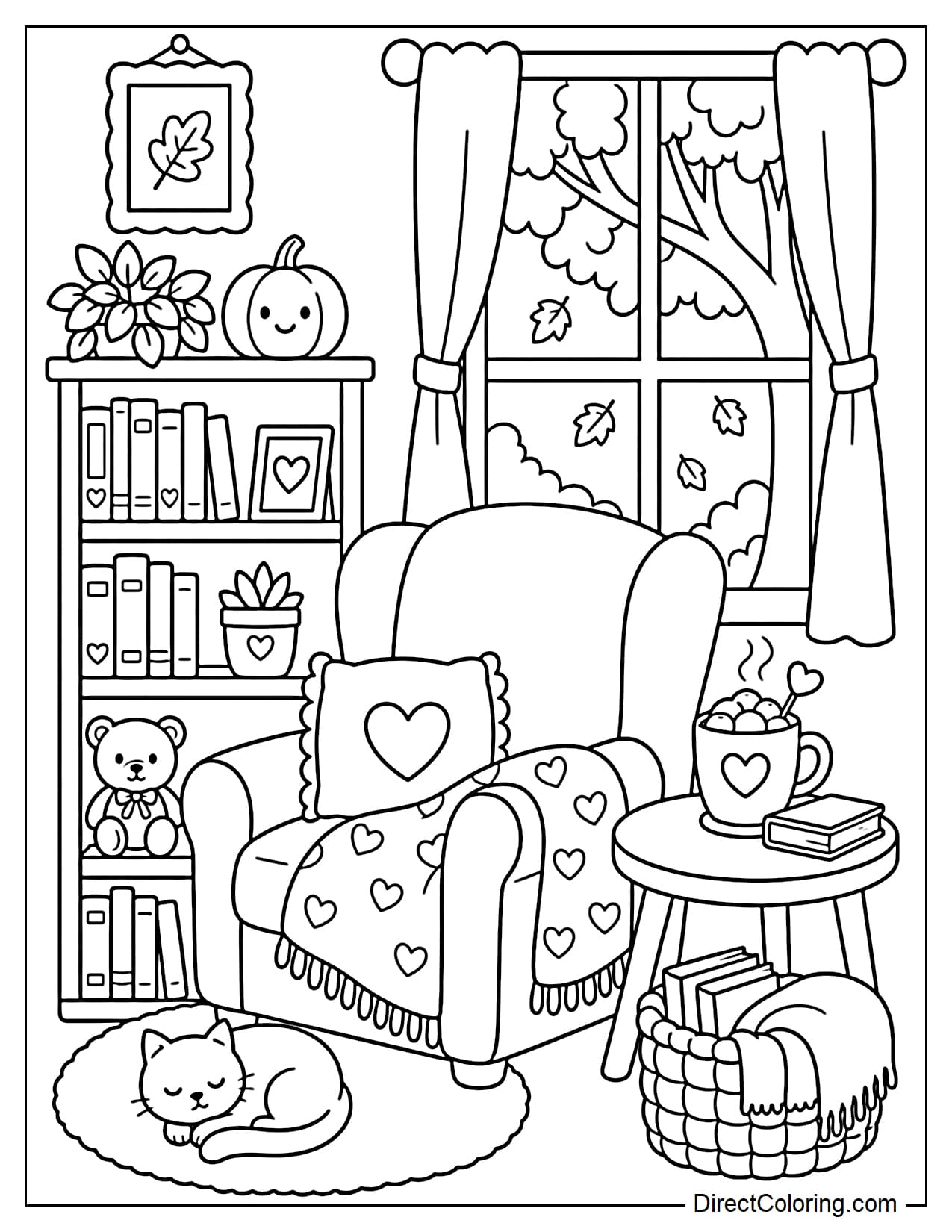A cozy October reading corner featuring a large armchair, a soft blanket, a small bookshelf, a cup of hot cocoa on the table, and a window overlooking autumn trees outside.