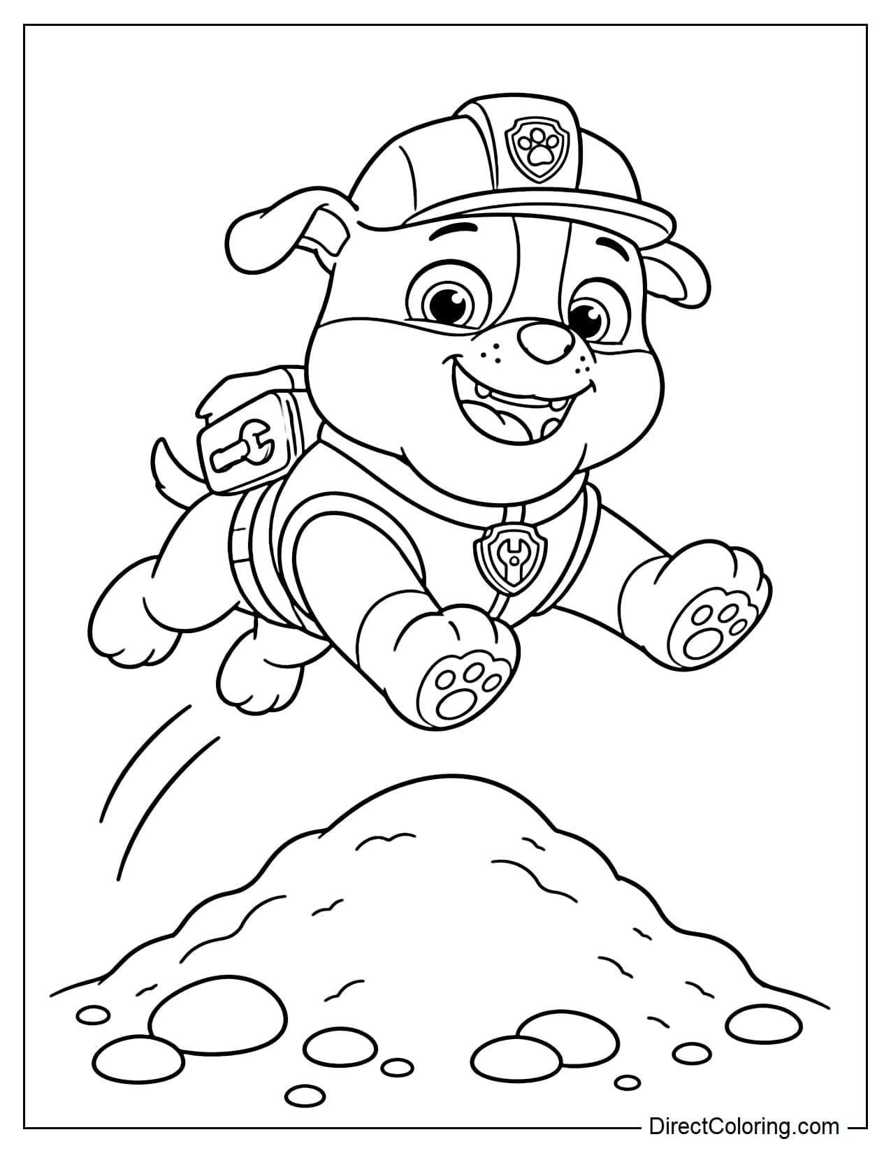 Rubble cheerfully jumps over a small dirt mound with all four paws stretched out, surrounded by a few round rocks and curved motion lines.