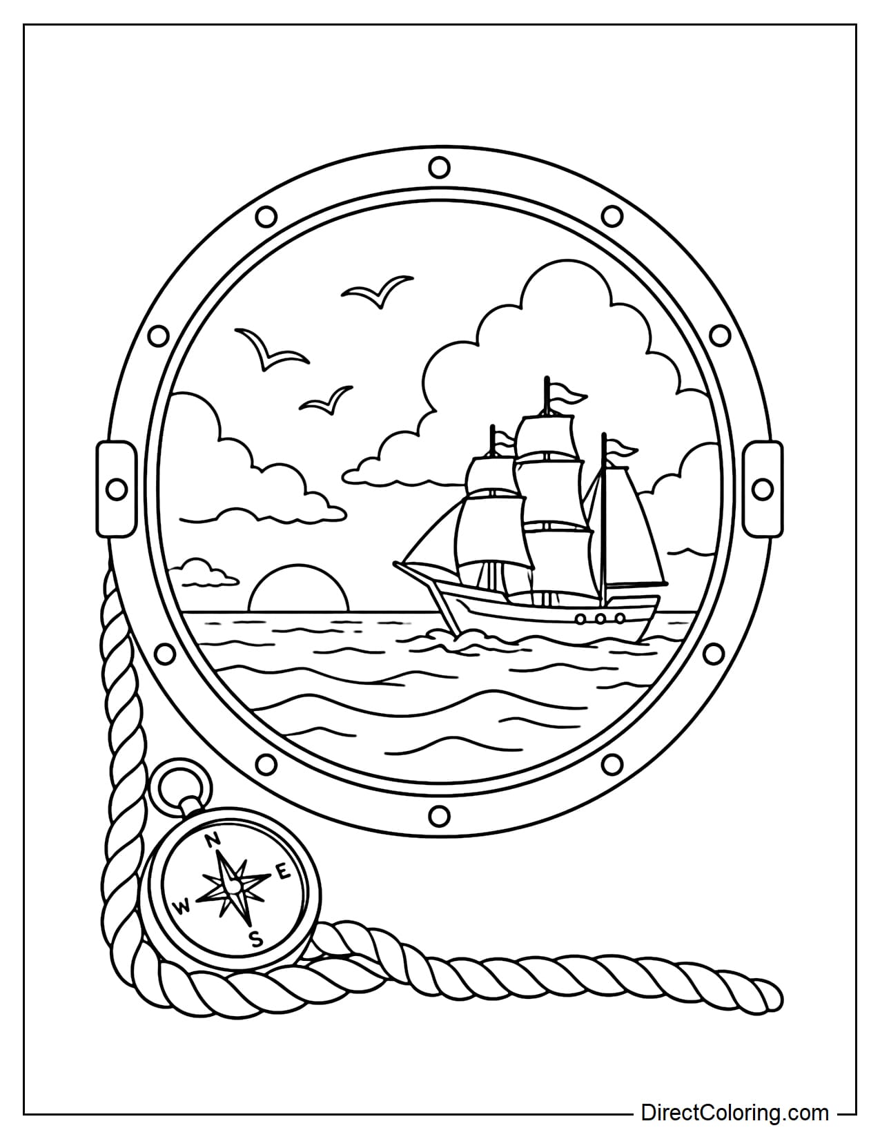 A large round ship porthole frames the scene, revealing another sailing ship from the fleet crossing the ocean outside, with a short coil of rope and a small compass placed around the porthole.