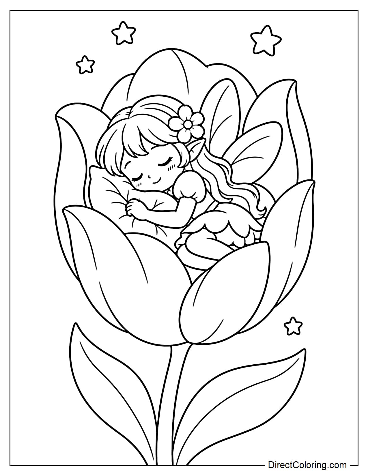 A fairy is sleeping peacefully inside a large open tulip, gently hugging a small leaf-shaped pillow.