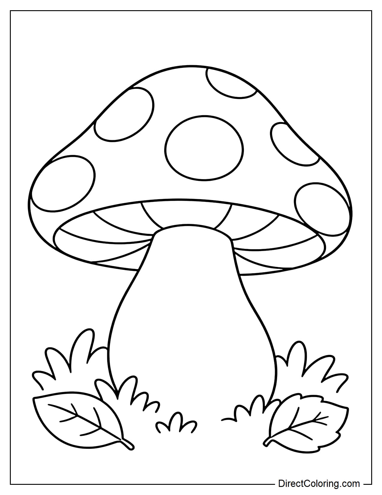 A large mushroom with a wide cap covered in big round spots, a thick slightly curved stem, and a few clusters of grass and leaves around the base.