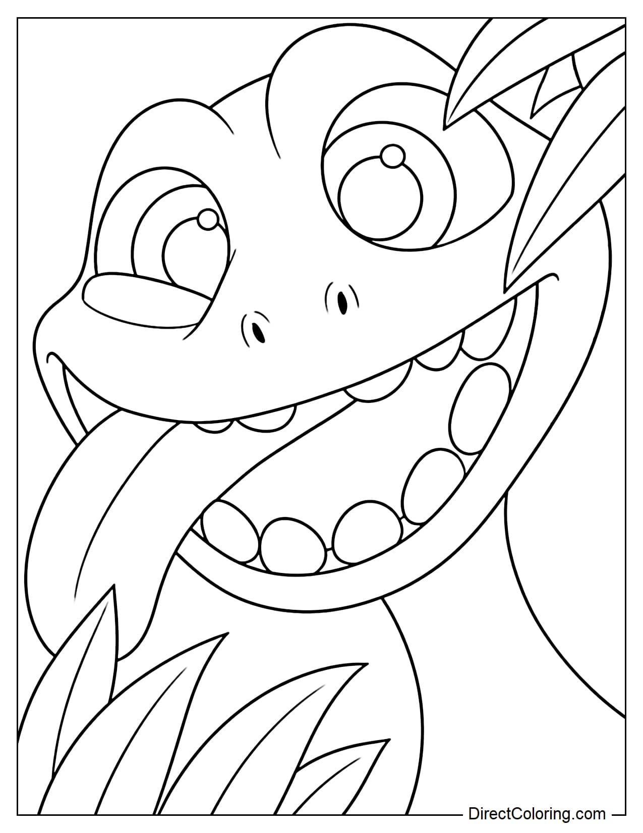 A cheerful dinosaur peeks through large jungle leaves with a wide smile, big eyes, and its tongue sticking out playfully from Paw Patrol: The Dino Movie.
