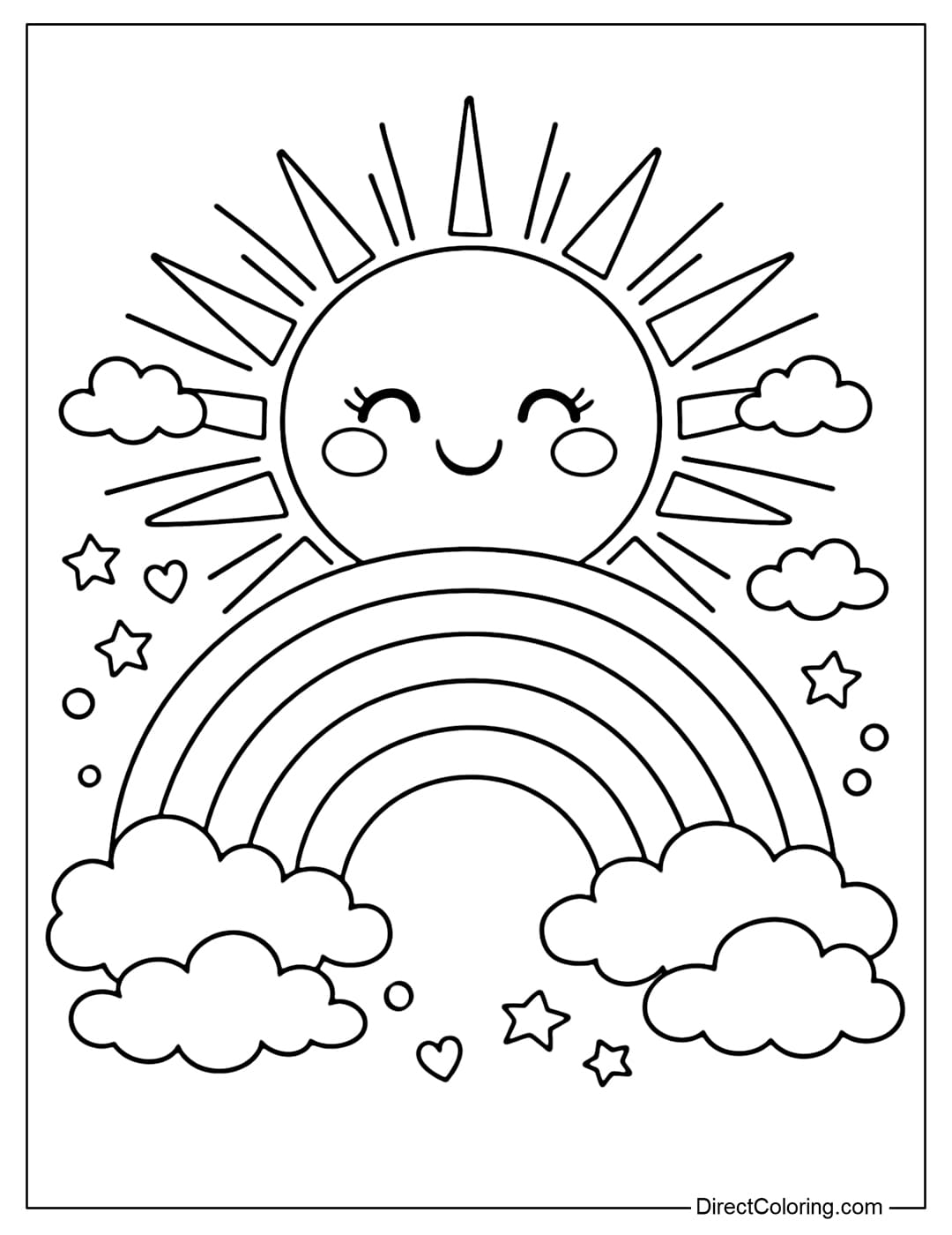 A rainbow coloring page featuring a sun with rays shining in the background.