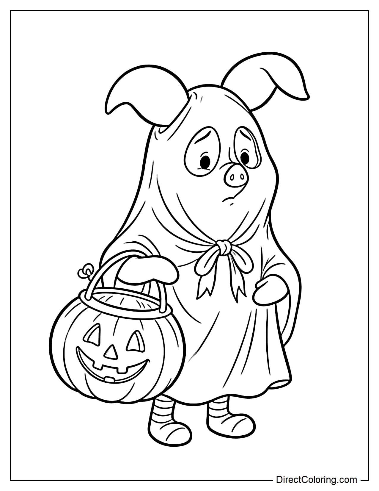 Disney's Piglet wears a white sheet as a cute ghost costume, with his long ears sticking out from the top, while holding a large pumpkin candy bucket.