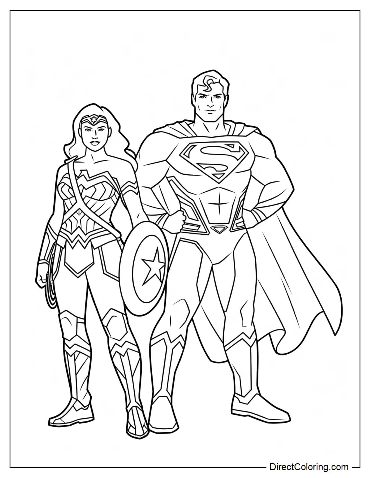 Wonder Woman and Superman stand side by side, both facing forward in confident poses. Wonder Woman holds her shield while Superman rests one hand on his hip.