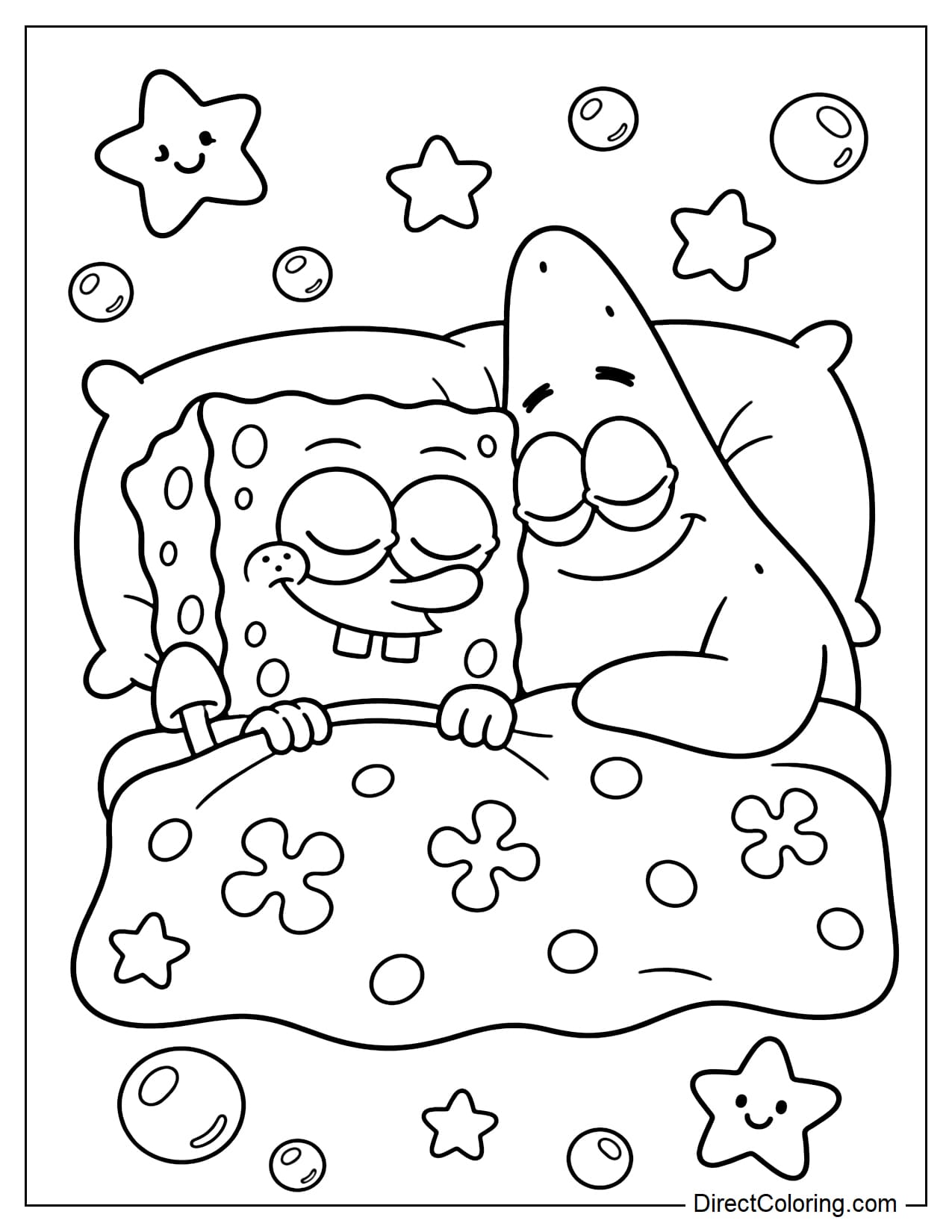 SpongeBob and Patrick are sleeping together under a small blanket with peaceful expressions, surrounded by some stars and bubbles.