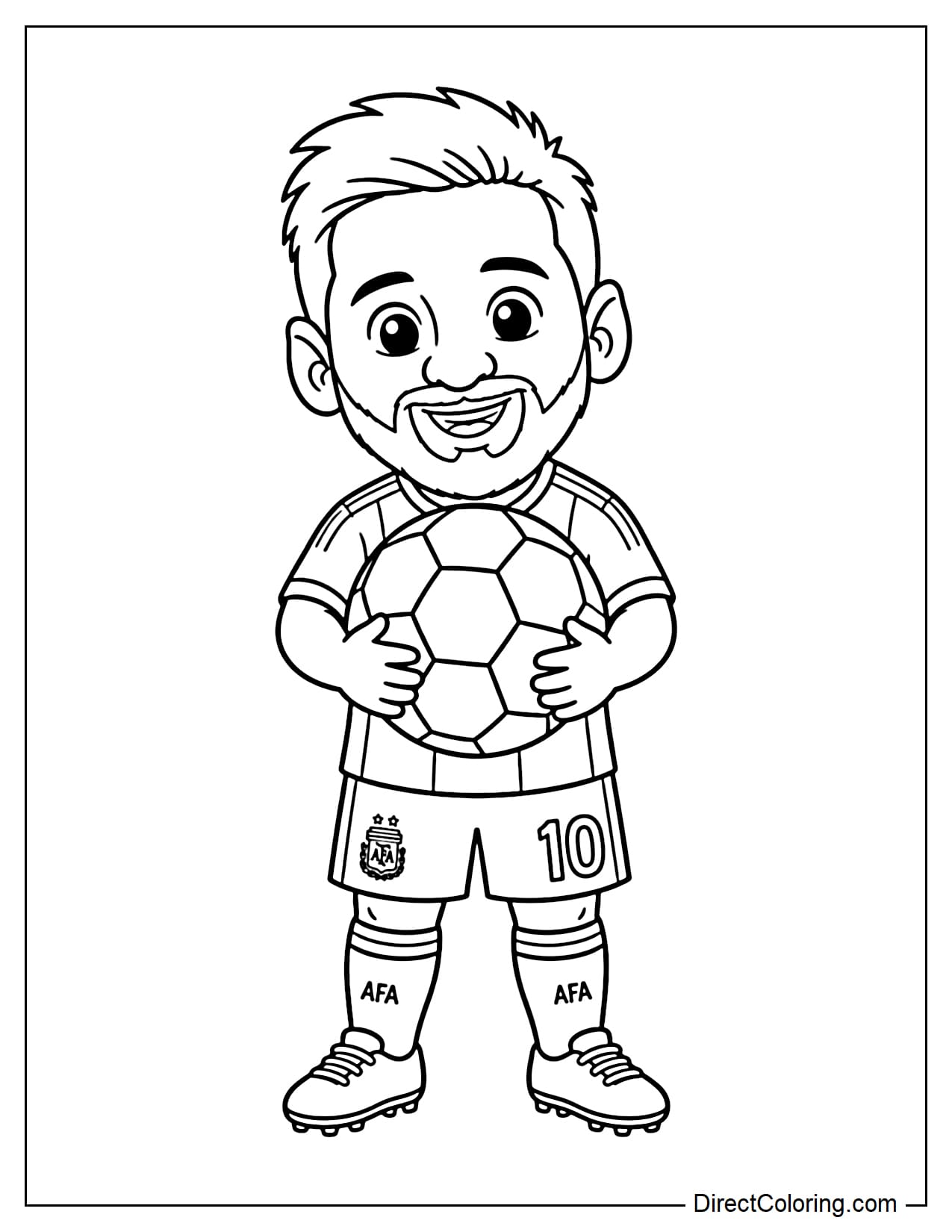 Lionel Messi in a cute chibi style, standing and hugging a large ball to his chest, with a happy and friendly expression.