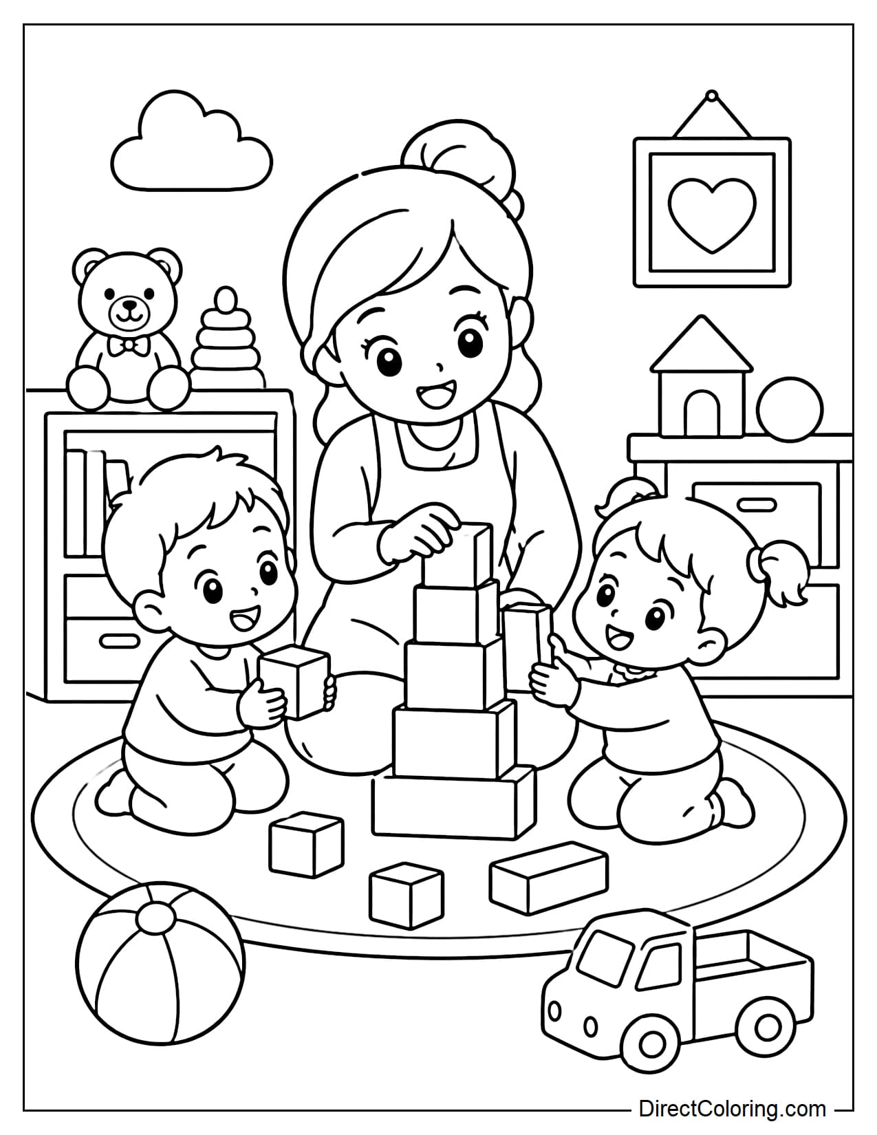 A preschool teacher is sitting on the floor with two small children, and all three are stacking square and rectangular blocks into a tower. Around them are a few toys.