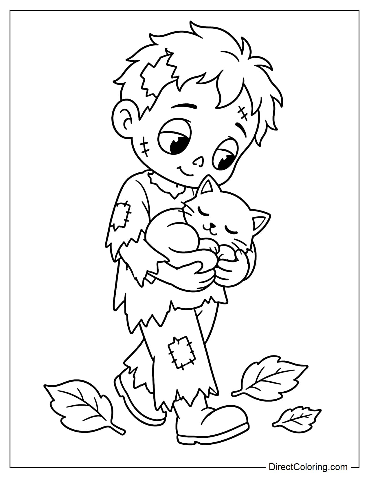 A zombie gently holds a small sleeping black cat curled up in its arms and looks down at its friend with a caring expression.