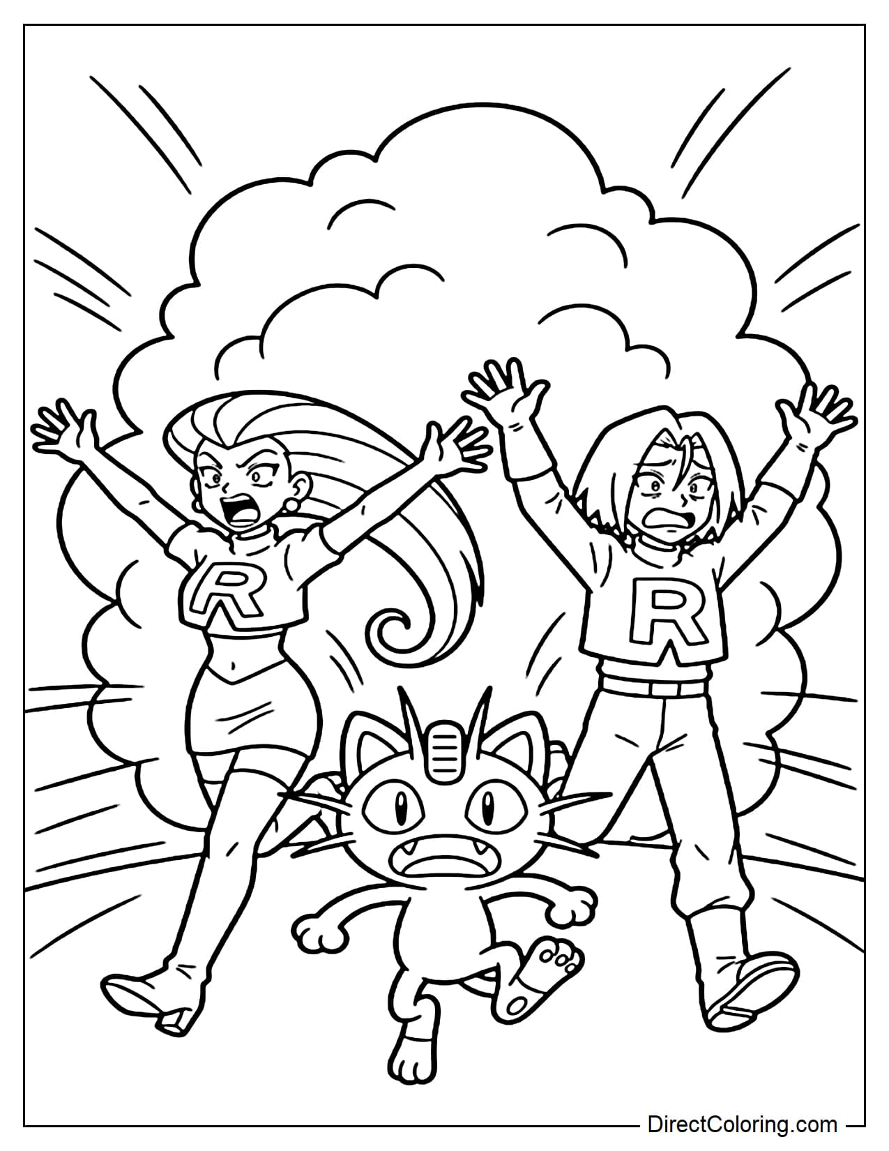 Jessie, James, and Meowth are running forward with funny expressions, surrounded by a large cloud of smoke.