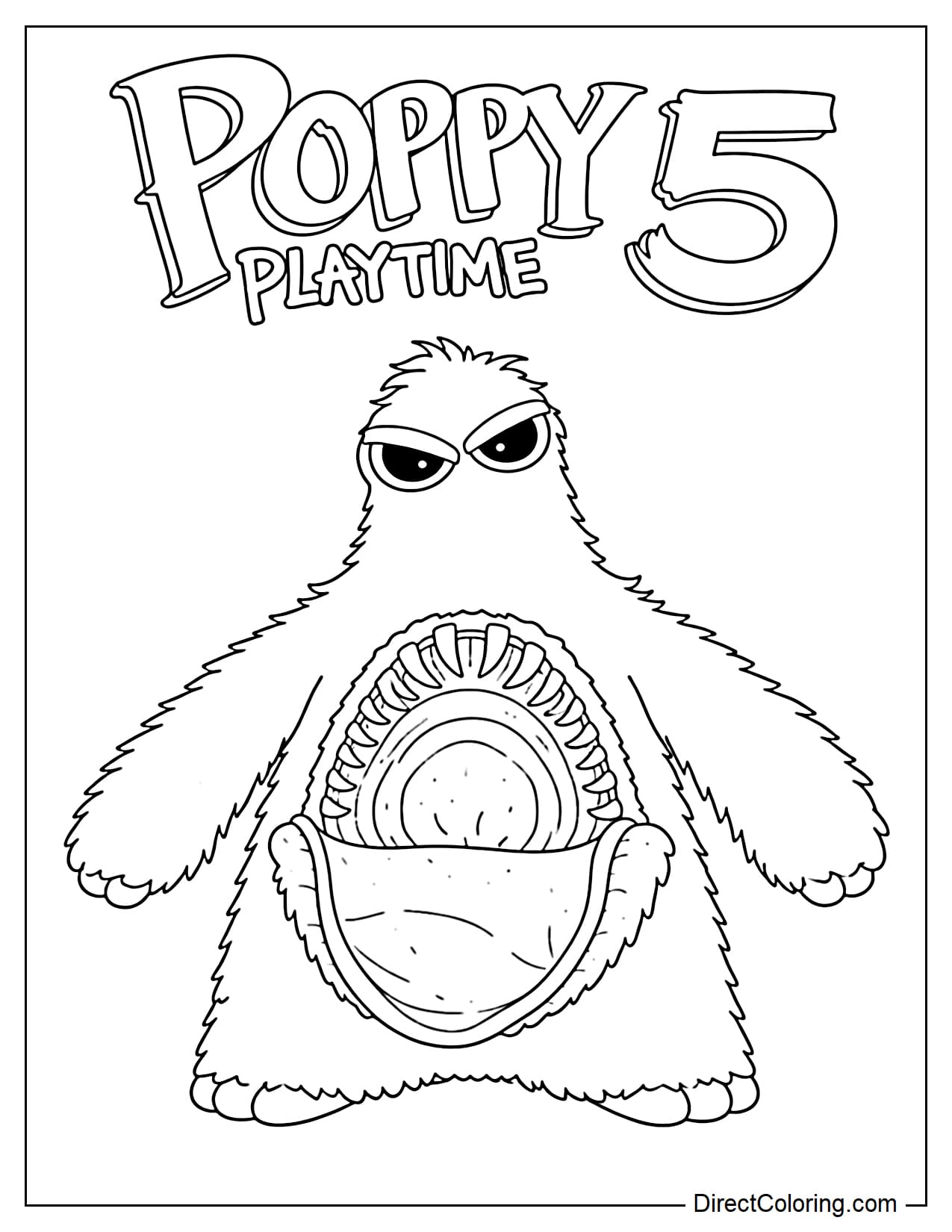 Chum Chompkins from Poppy Playtime 5 has a round, fluffy body, a huge mouth full of sharp teeth, a long tongue located on its belly, and the words 