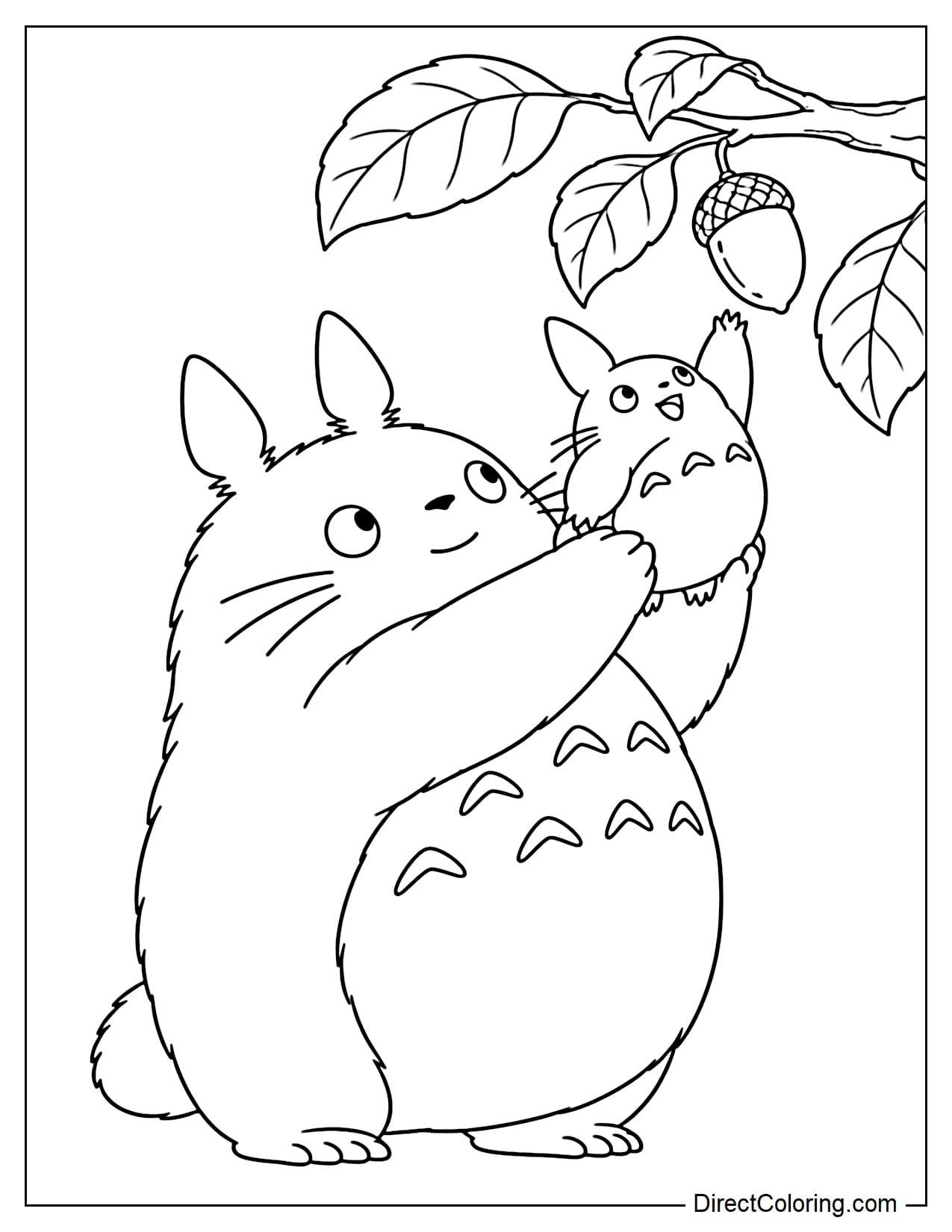 Totoro gently lifts a small Totoro with both hands so it can reach a large acorn hanging from a branch.