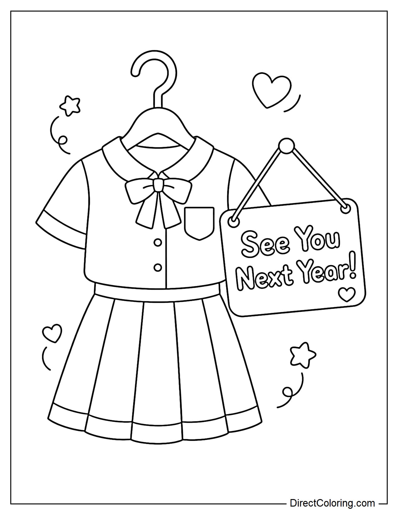 A school uniform is hanging on a hook, next to a small sign that says 