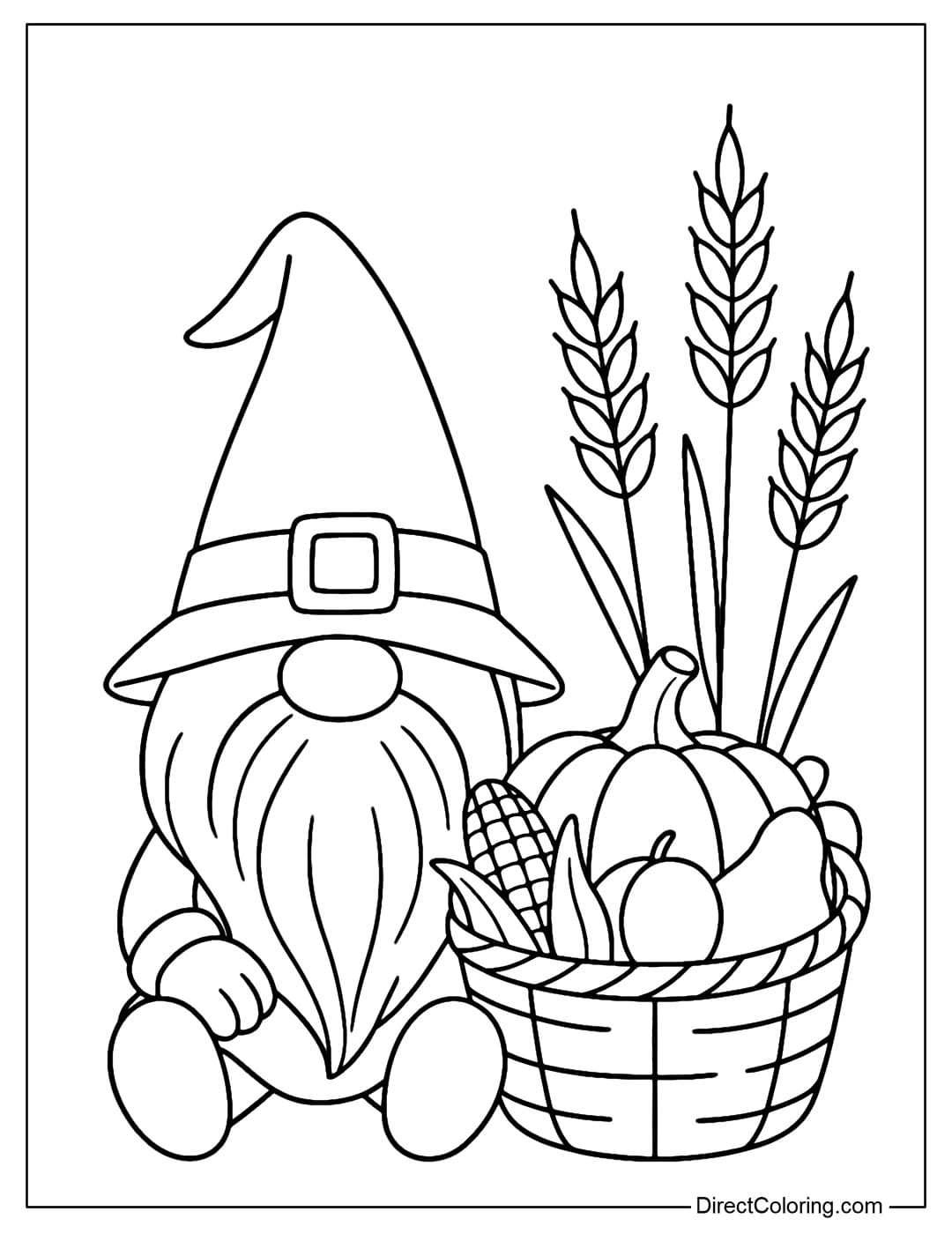 A coloring page of a gnome with a Thanksgiving theme, sitting next to a harvest basket, with a wheat stalk behind it.