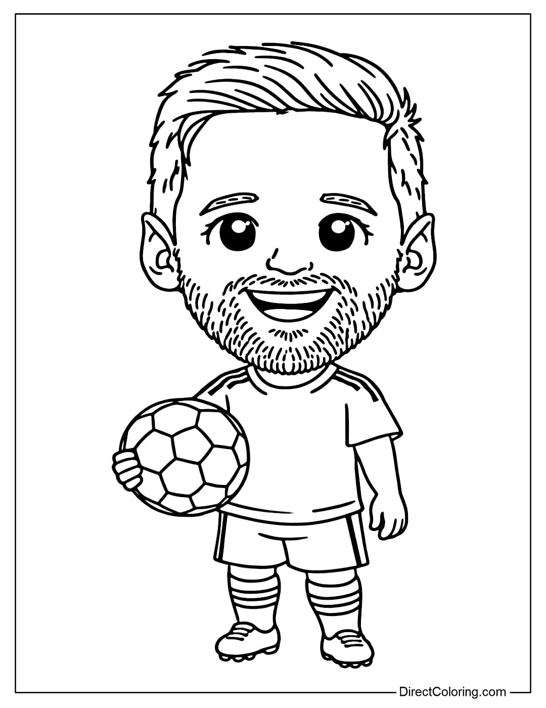 Coloring page of a cute chibi-style Lionel Messi holding a ball.