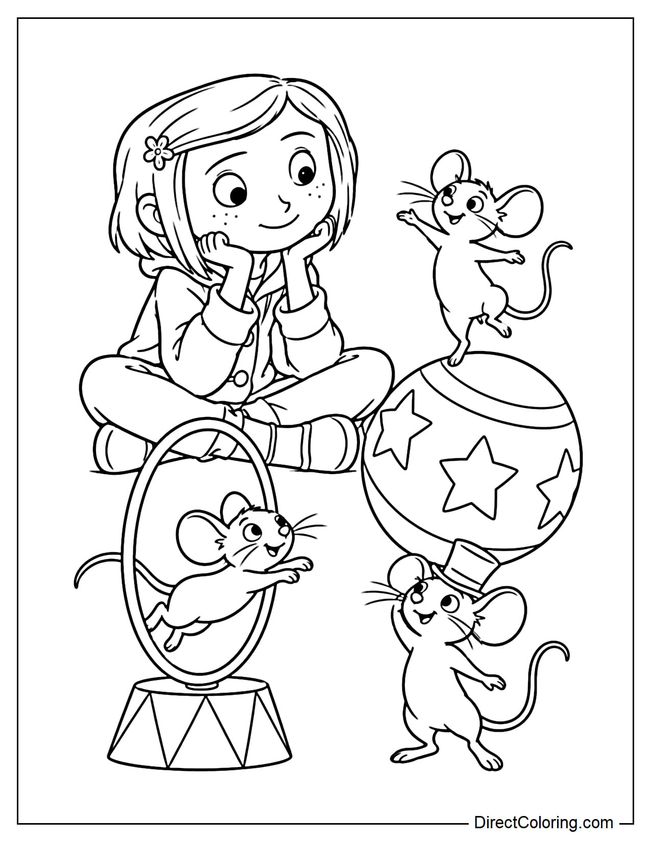 Coraline sits cross-legged watching three little mice perform, with one balancing on a large ball, another jumping through a hoop, and the third wearing a tiny hat.