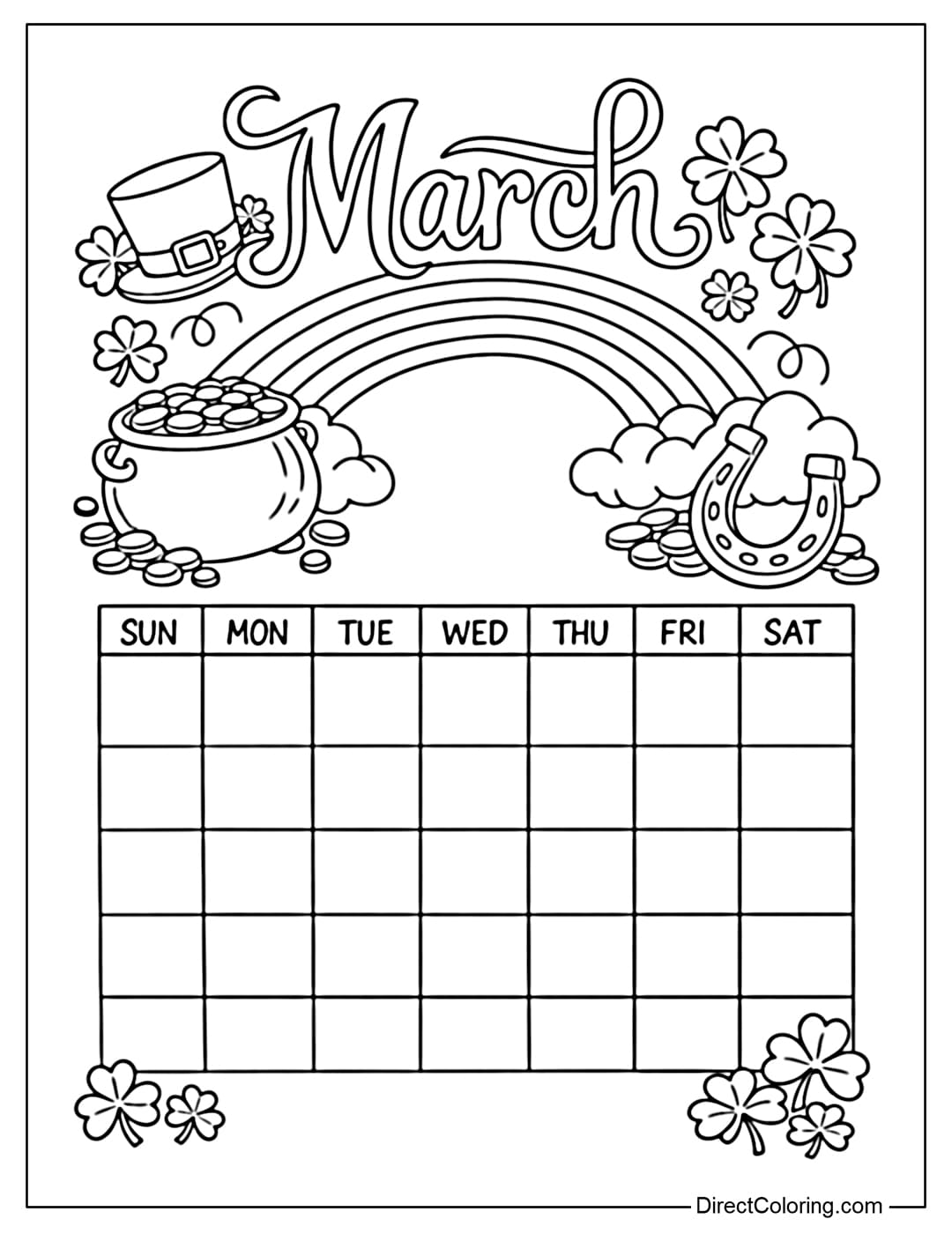 A coloring page with a clear date board and St. Patrick's Day motifs.
