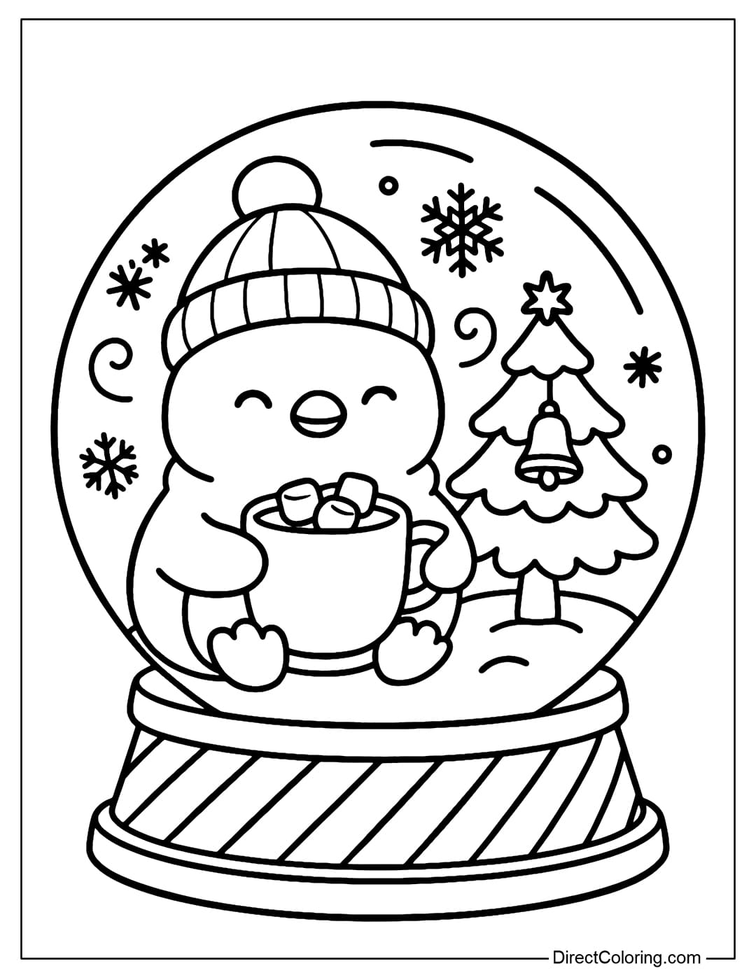 A snow globe coloring page featuring a chubby penguin wearing a wool hat and holding a cup of hot cocoa with marshmallows.