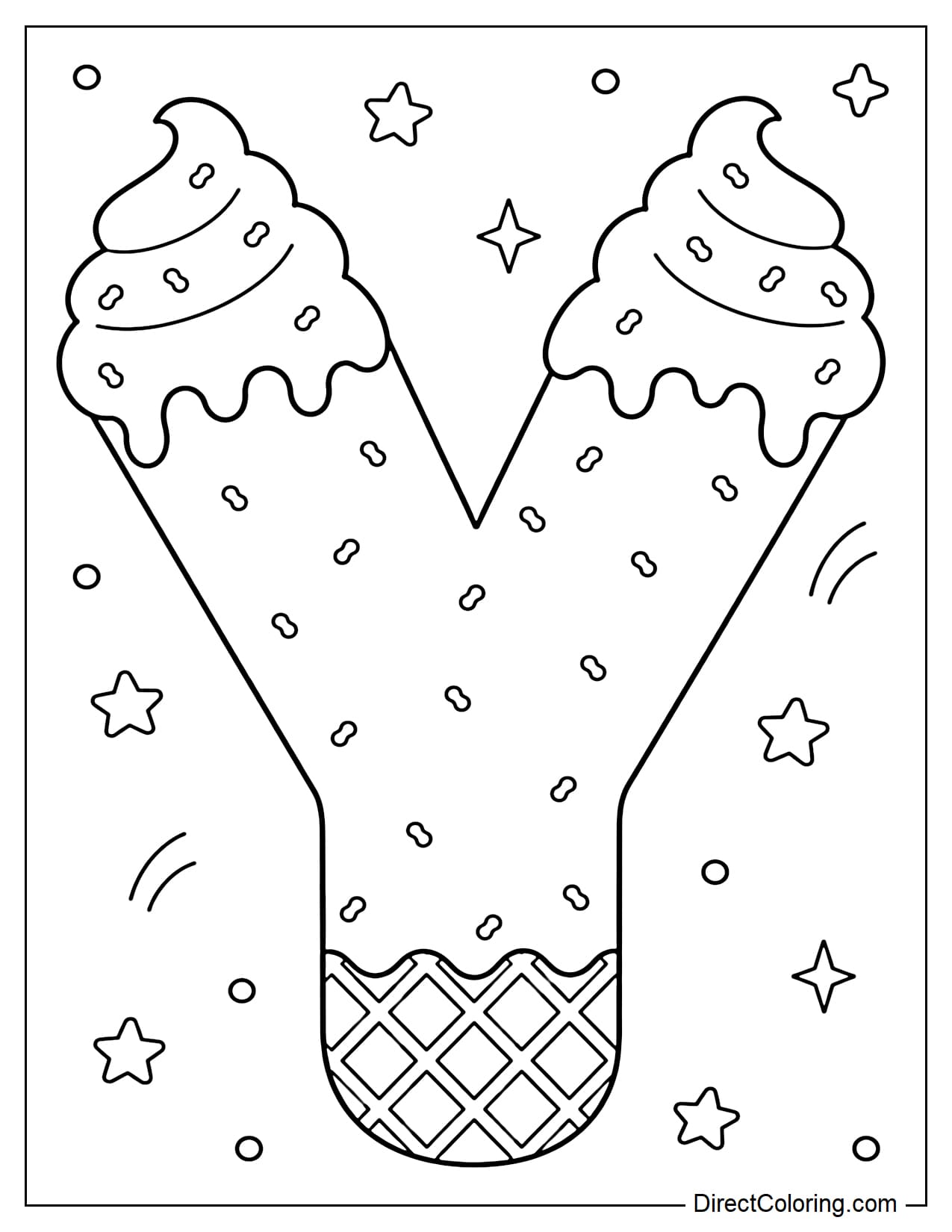 A large, soft-serve letter Y made from soft-serve ice cream, with a light, melting cream topping. The entire letter is sprinkled with tiny sprinkles, and the base has a waffle texture. It is surrounded by small stars and dots.
