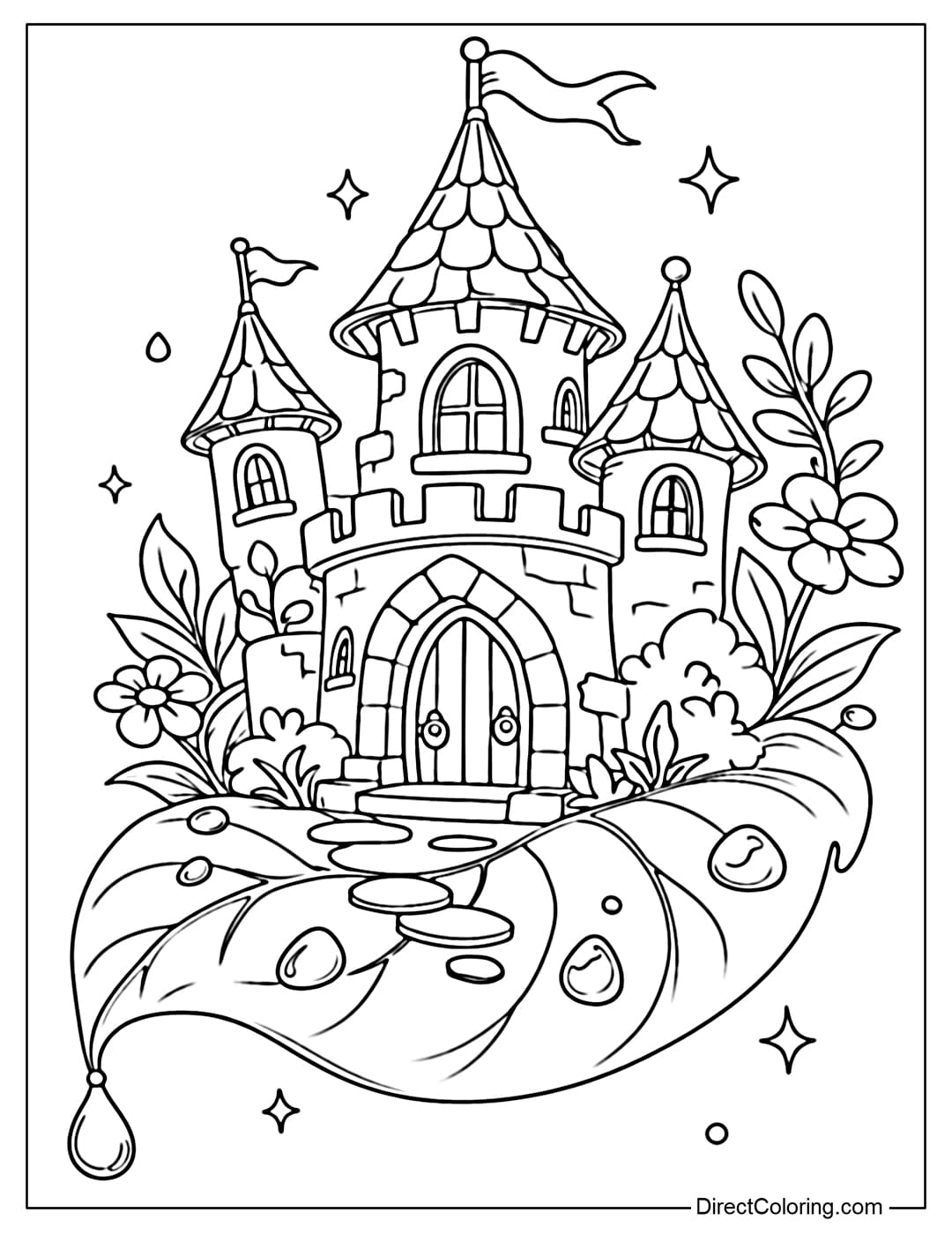A coloring page of a small fantasy castle resting on a large leaf with dewdrops and small trees around it, creating a magical natural feel.