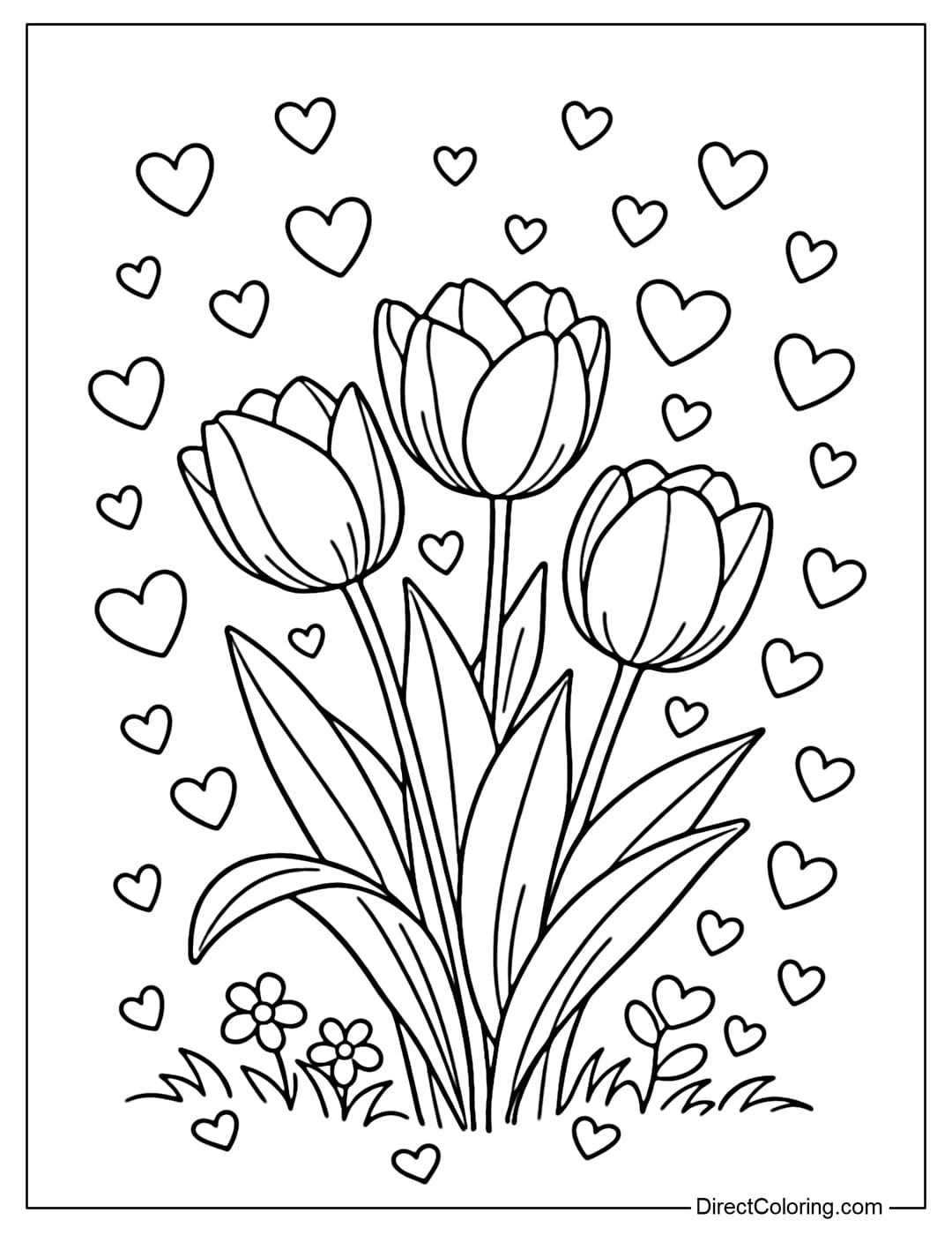 A coloring page of tulips with little hearts flying around, sweet and warm.