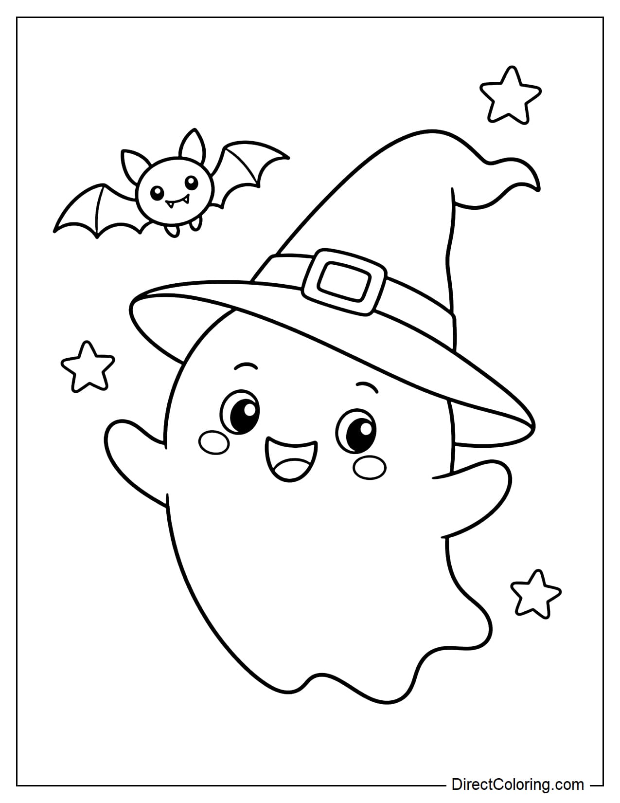 A cute round ghost wearing a large witch hat, with its arms slightly spread as it happily floats upward, accompanied by a small bat.