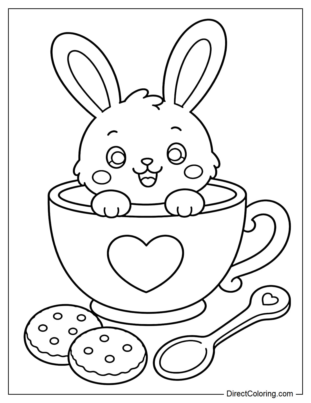 A tiny rabbit peeks out from a large teacup, resting its front paws on the rim. A spoon and two round cookies sit beside the cup.