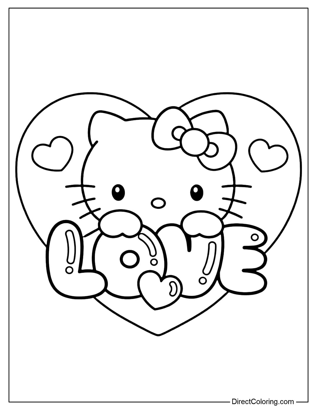 A coloring page of Hello Kitty peeking her head out from between the rounded word LOVE, with a large heart frame behind her and small hearts decorating the sides.