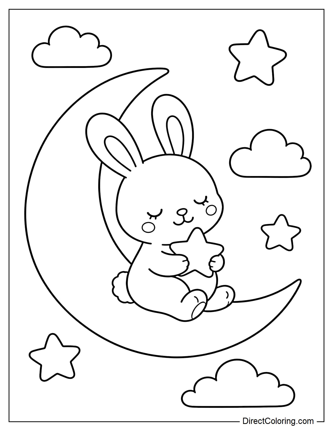 A small rabbit sits sideways on a large crescent moon, holding a tiny star close to its chest, with a few stars and soft clouds around it.