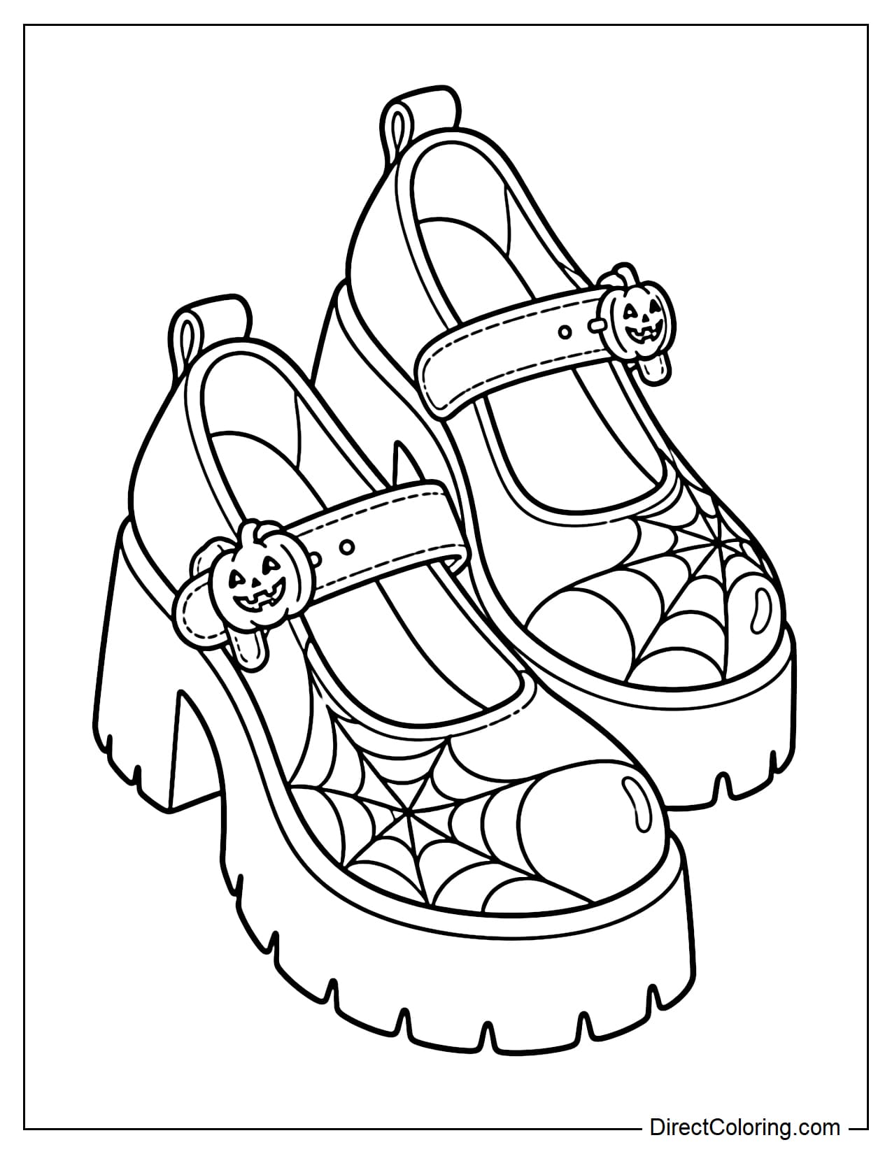 A pair of Halloween platform Mary Jane shoes with rounded toes, chunky soles, wide straps, large spiderweb designs, and pumpkin-shaped buckles.