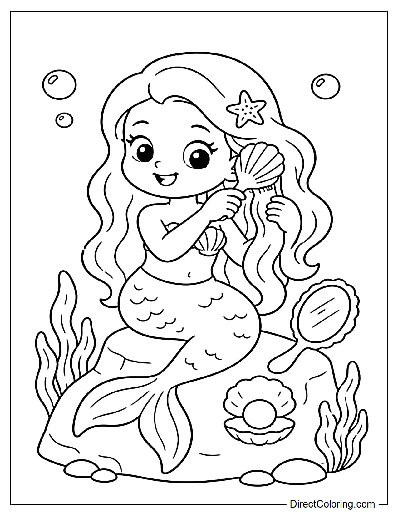 A mermaid is sitting on a rock underwater and brushing her hair with a shell comb. Beside her are a small mirror, a large pearl, and some clumps of seaweed.