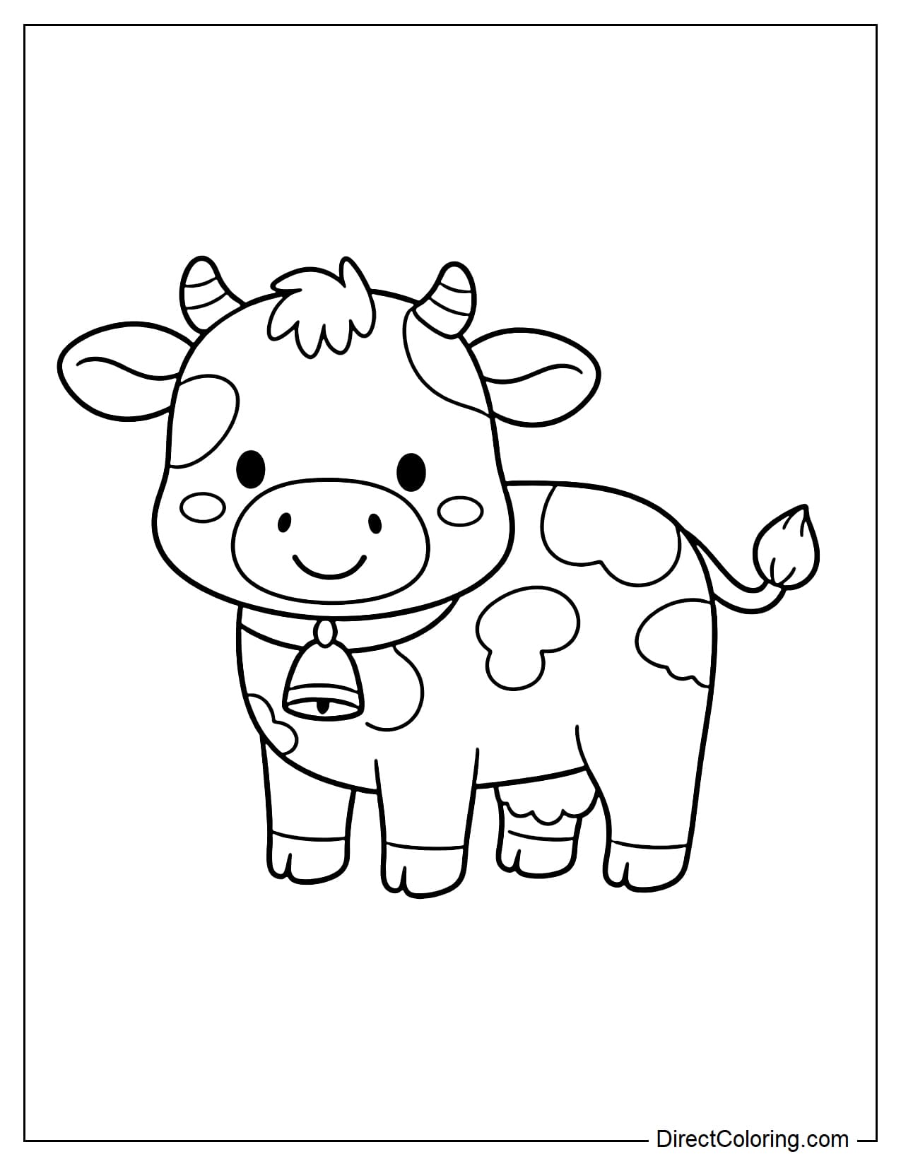 A simple cow standing in the center, with a large body and large patches of spots.