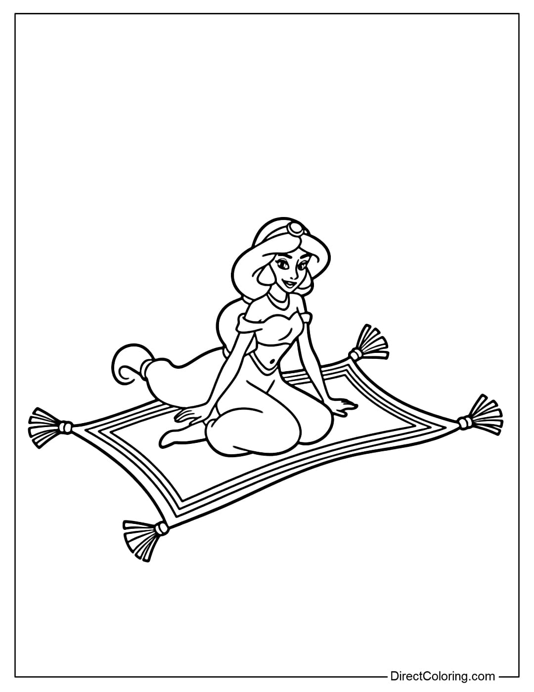 Coloring page of Princess Jasmine sitting on a simple flying carpet.