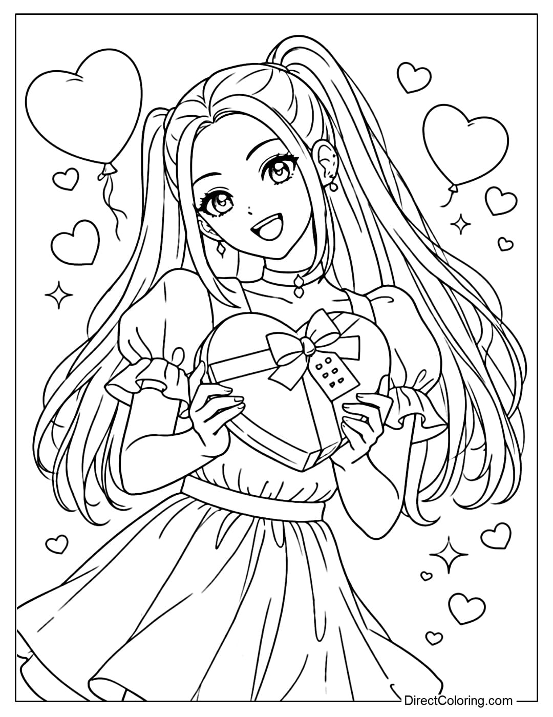 Kpop Demon Hunters Valentine coloring page: Cute Mira in a soft, flowing dress, holding a heart-shaped gift box with a bow, surrounded by hearts and glitter.