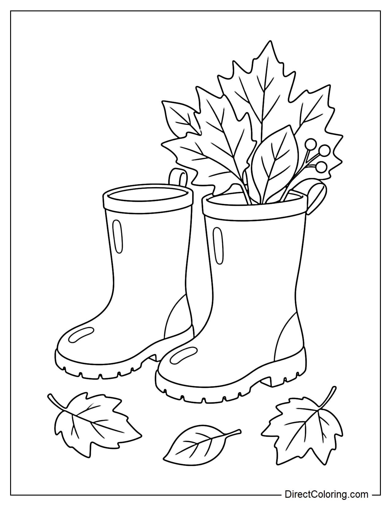 A pair of large rain boots stands side by side, with several large autumn leaves arranged like a bouquet inside one boot and only three fallen leaves below.