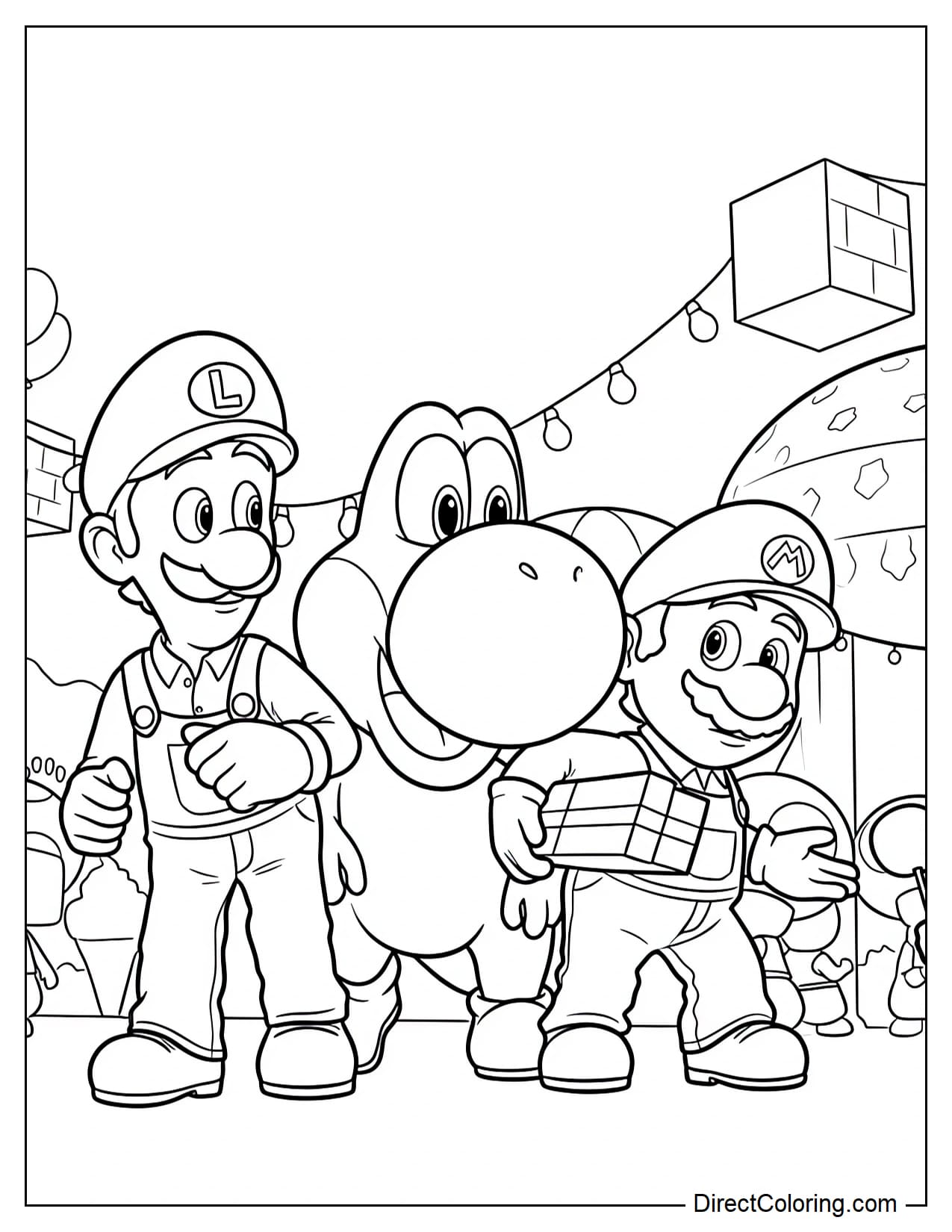 Mario, Luigi, and Yoshi are excitedly enjoying an outdoor festival, with Mario holding a gift box in his arms.
