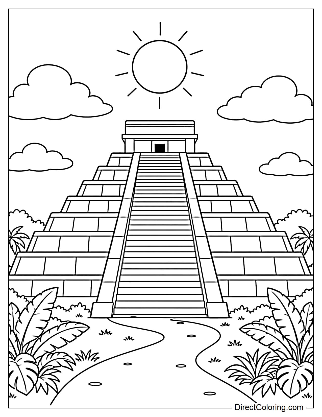The El Castillo pyramid at Chichén Itzá stands prominently in the center, featuring geometric stepped tiers and a small temple at the top. A large sun and a few clouds appear overhead, with clusters of tropical plants on both sides.