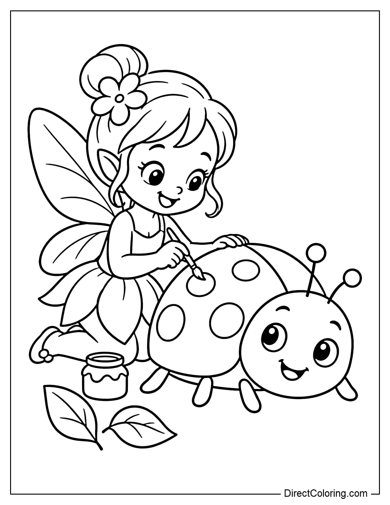A fairy is holding a small paintbrush and carefully painting round spots on the back of a large cute ladybug. A small paint jar and a few leaves are nearby.