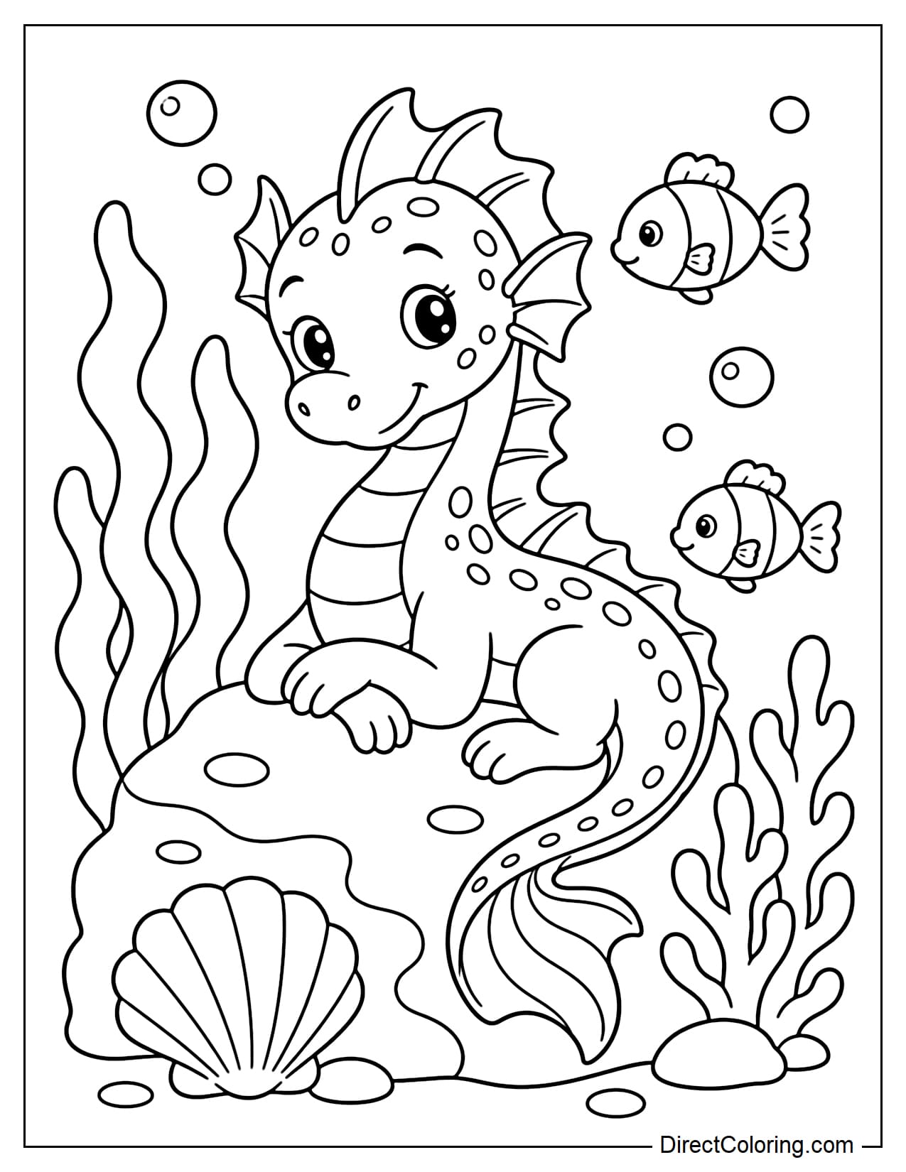 A sea dragon is resting on a large coral rock underwater, with its finned tail curled to one side. Around it are seaweed, a large seashell, bubbles, and fish.
