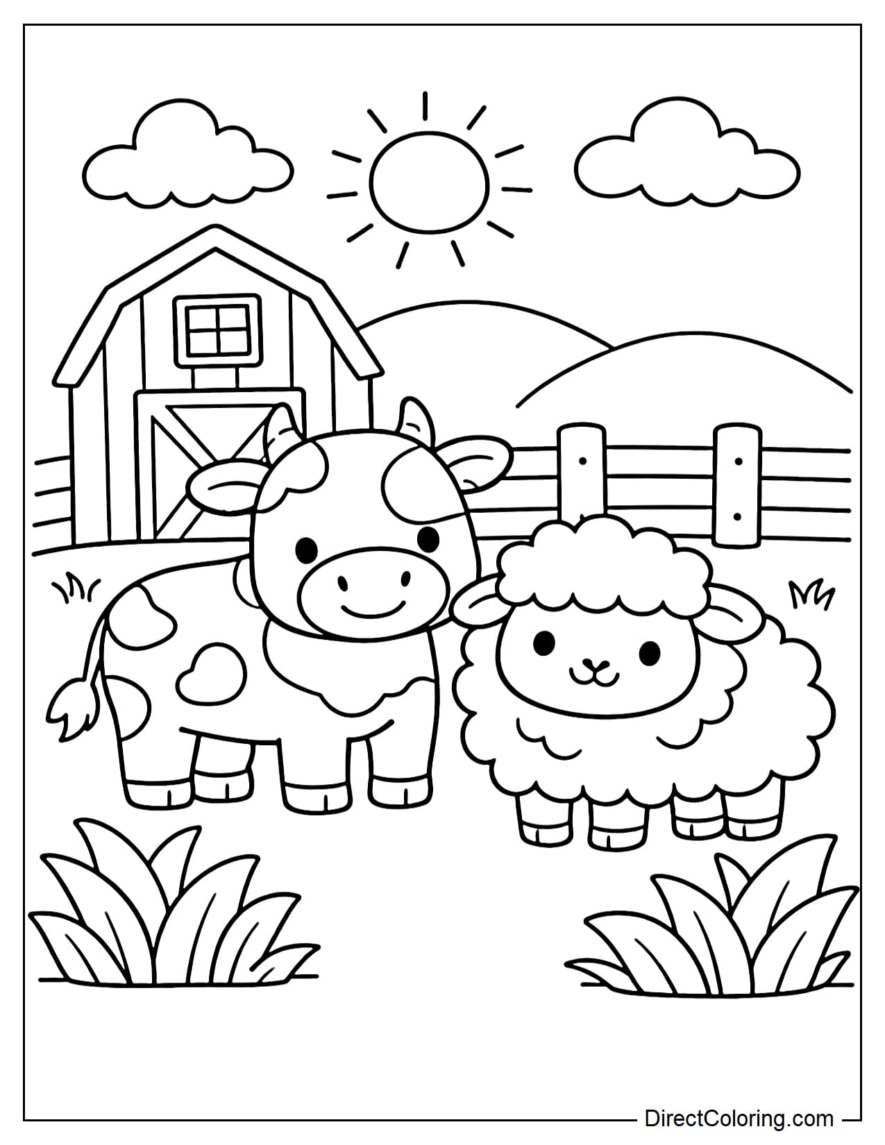 A cow stands next to a cute sheep in front of a farm scene with a barn, fence, and some large bushes in the background.