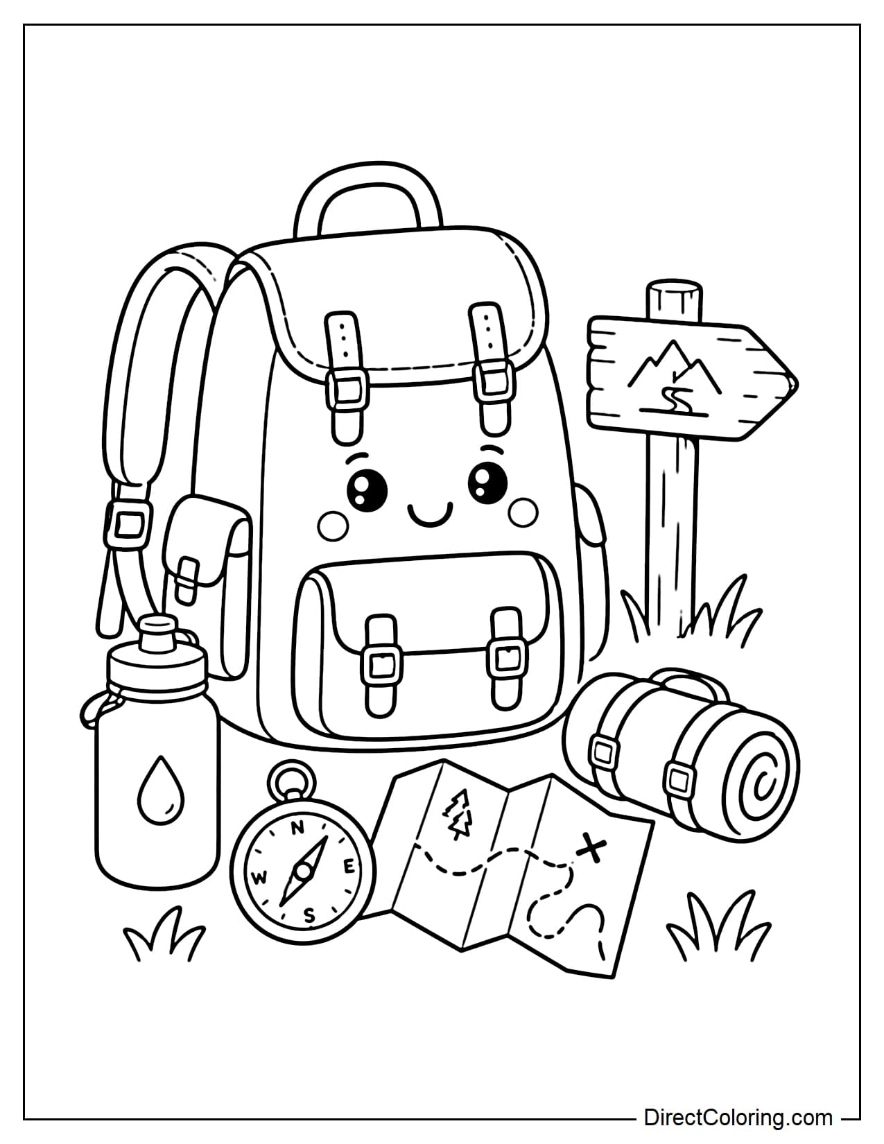 A large, cute hiking backpack sits next to a water bottle, compass, foldable map, and a small rolled-up blanket. Around them are some blades of grass and a signpost.