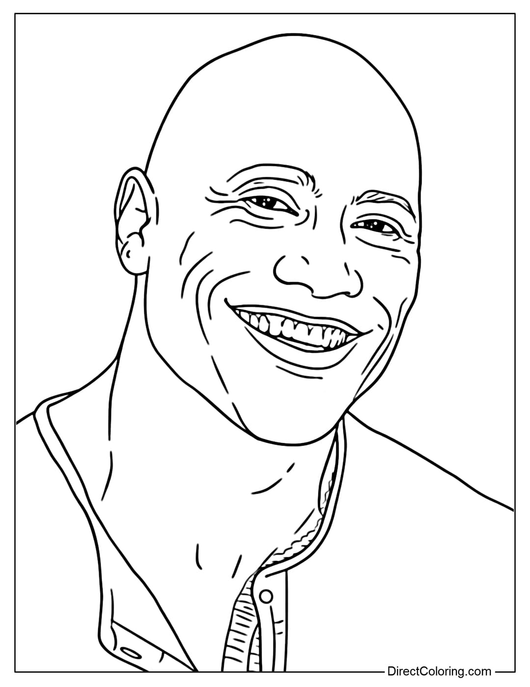 Coloring page of Dwayne Johnson with a bright smile and friendly expression.