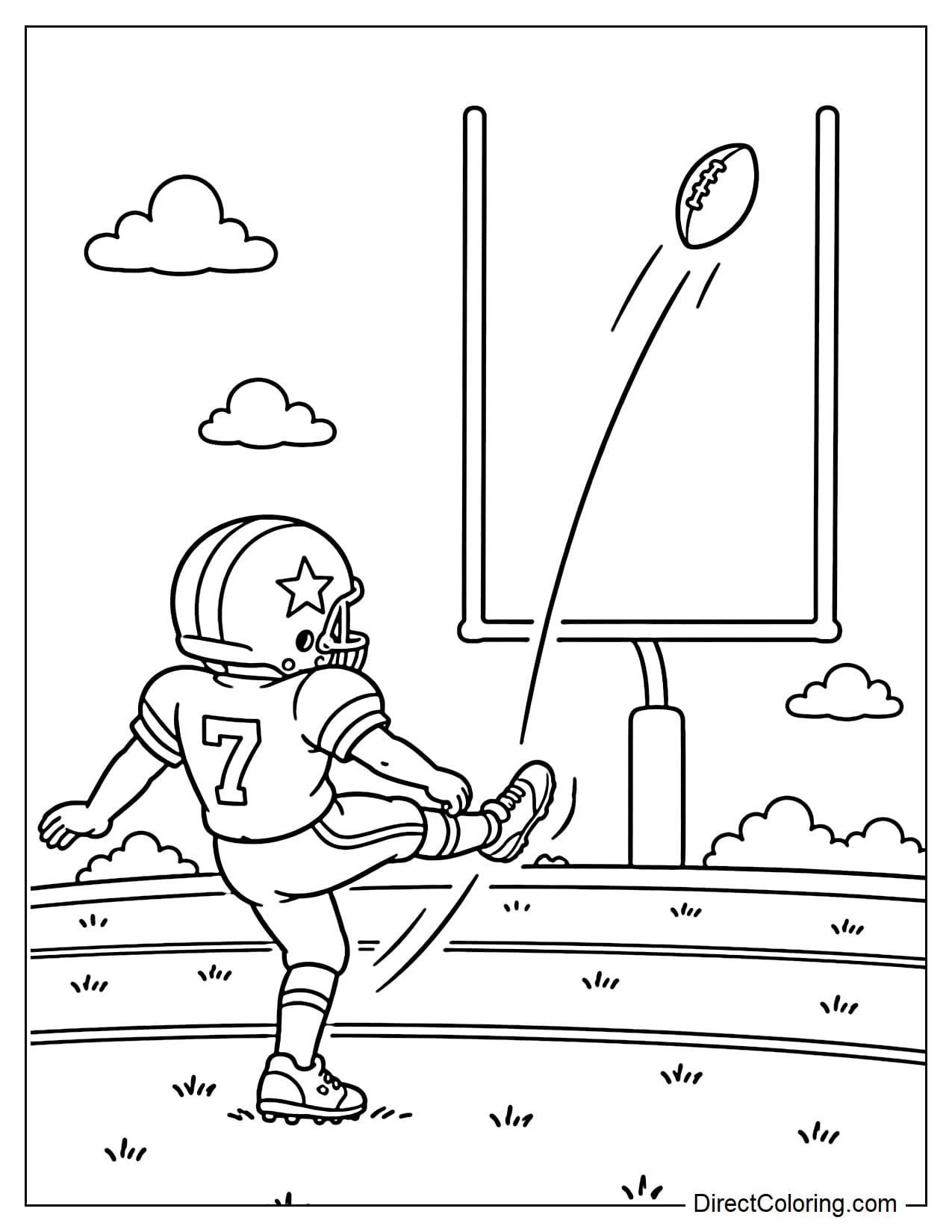A football player kicks a field goal as the ball follows a curved path toward the space between the uprights and above the crossbar.