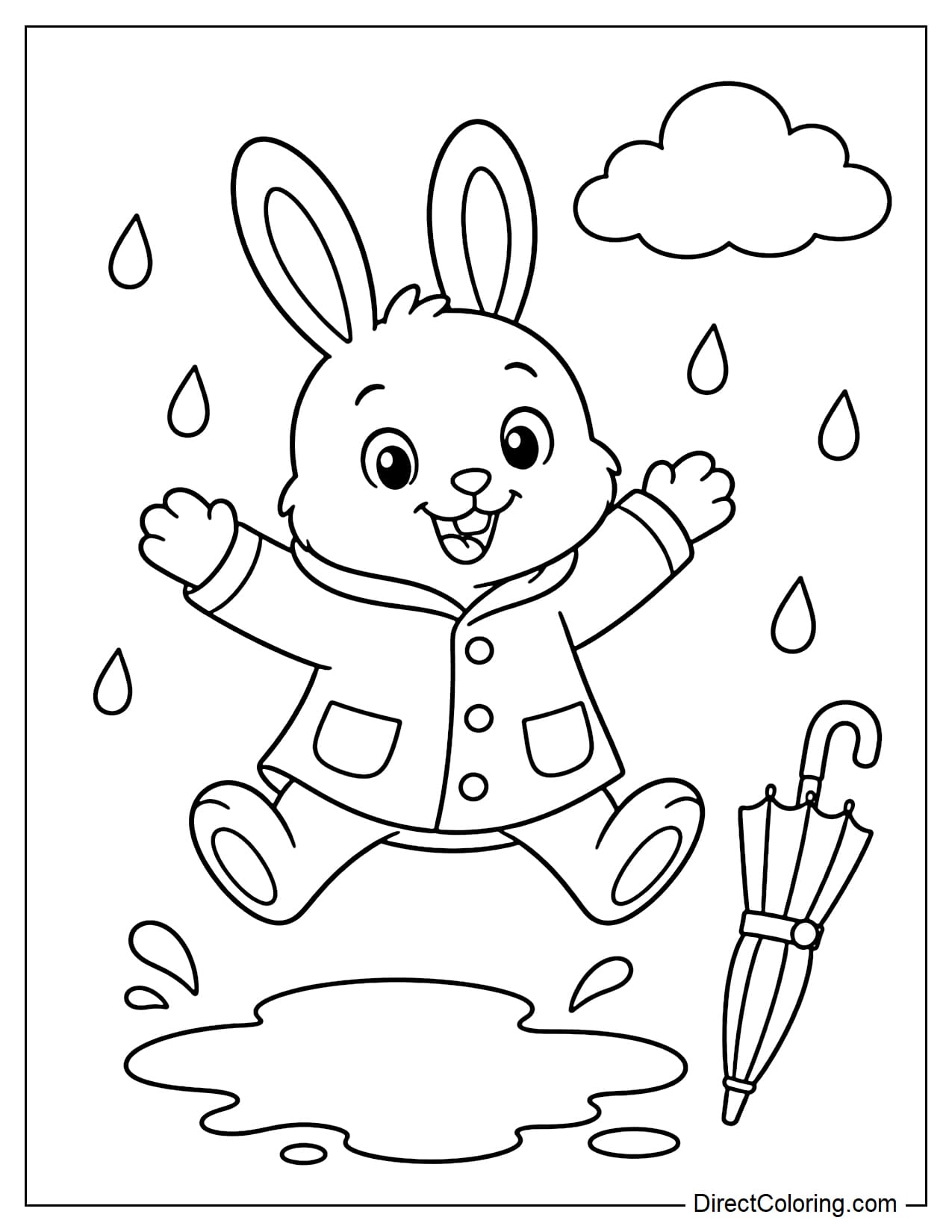 A rabbit wearing a simple raincoat jumps over a small puddle with its legs spread slightly in the air. A closed umbrella rests nearby, with a few raindrops and a small cloud in the background.