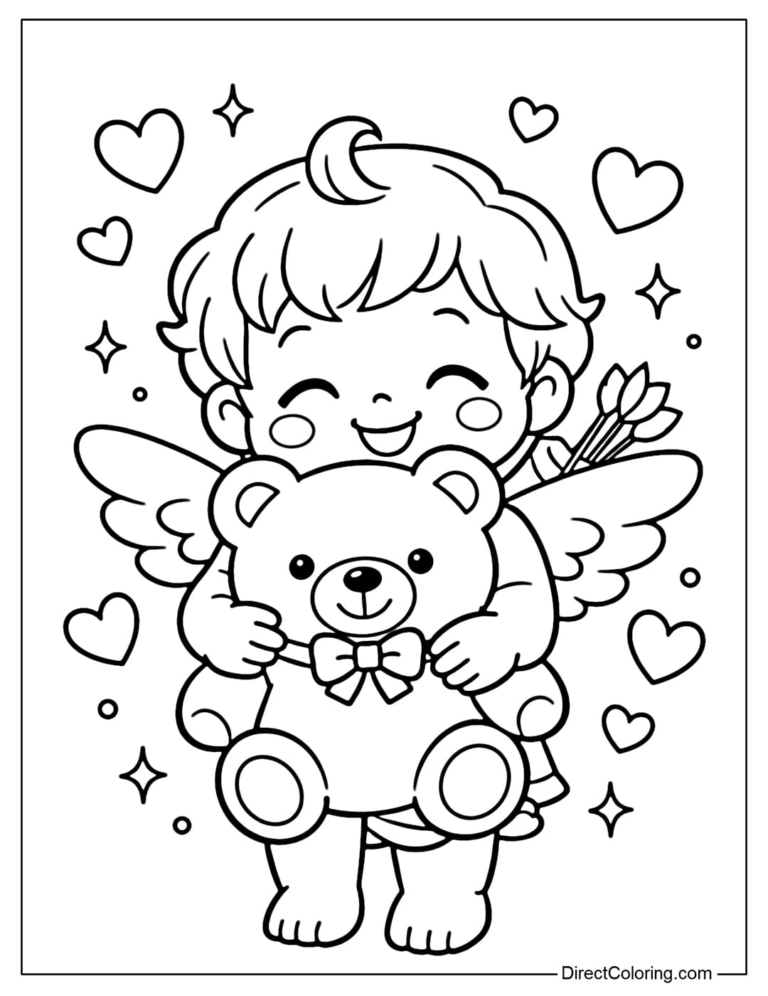 A cute Cupid is hugging a large teddy bear to his chest, surrounded by hearts and stars.